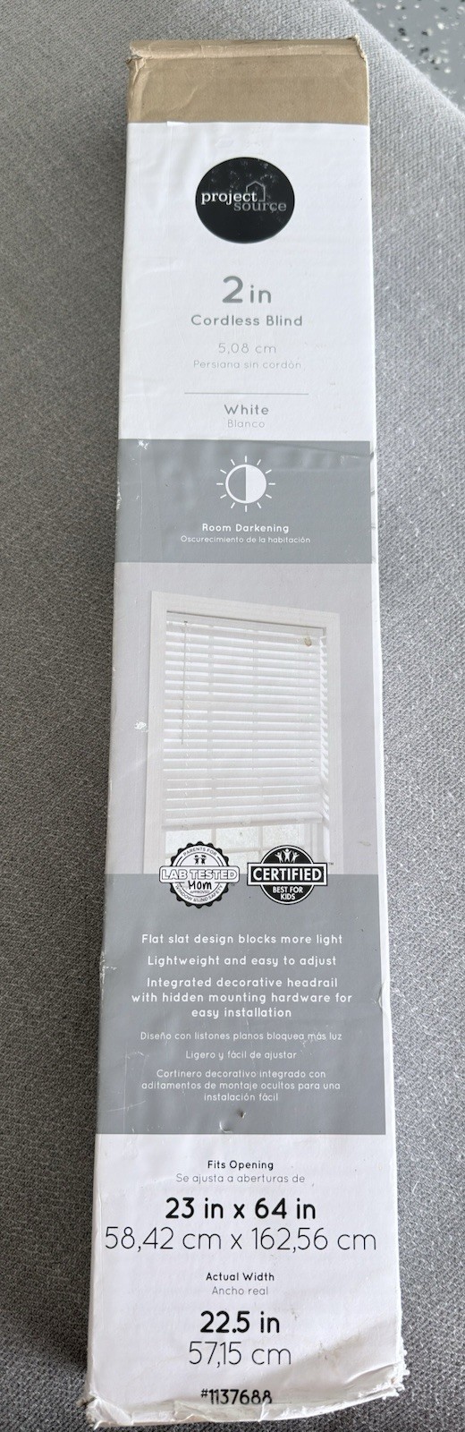 Project Source 2 in Cordless Room Darkening Blind White 23 in x 64 in