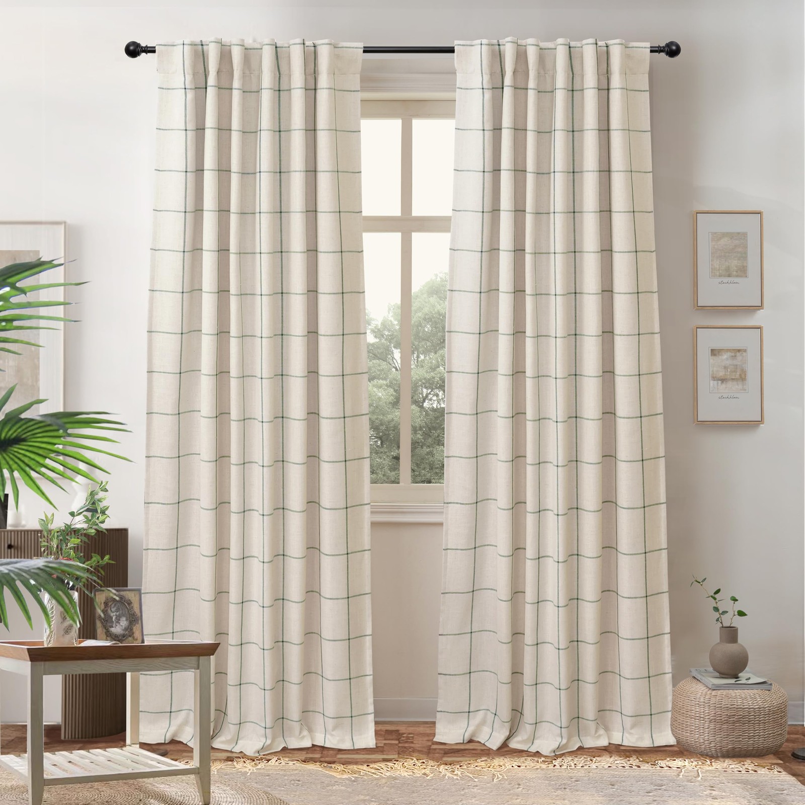 DriftAway 100% Blackout Windowpane Plaid Linen Curtains Double Layer Farmhous…