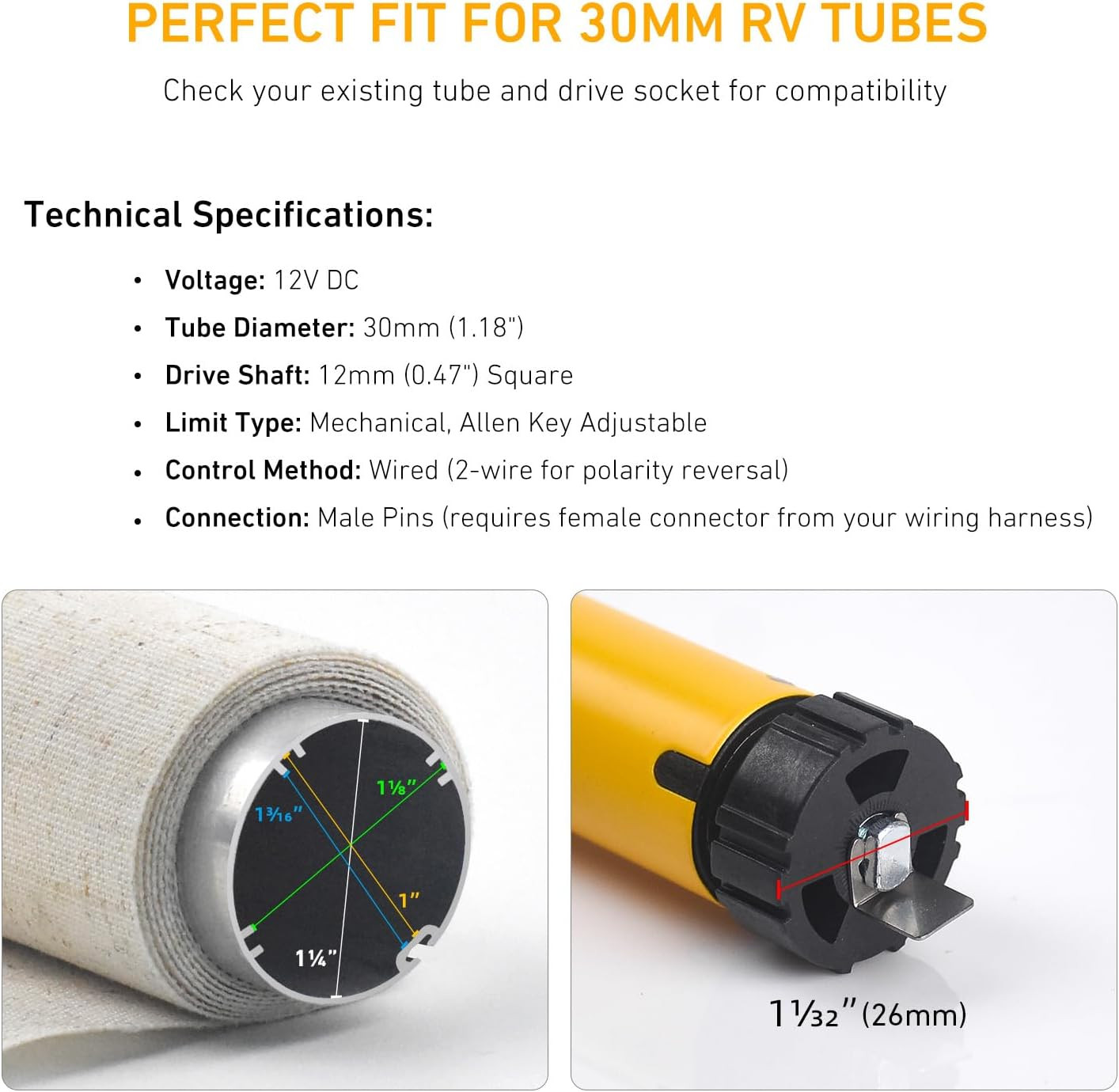 AM25-1.2/30-D 12V RV Roller Shade Replacement Motor- Built-In Mechanical Limit S