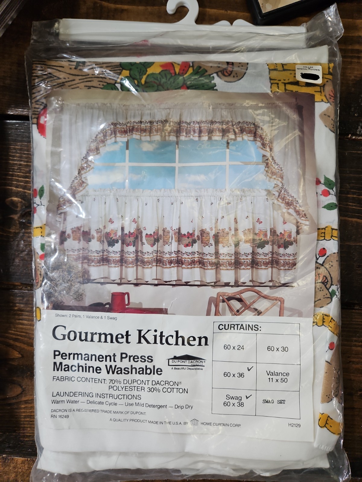 Vtg Gourment Kitchen Pocket Rod Curtain Valance & Swag 36×60 Du Pont Dacron