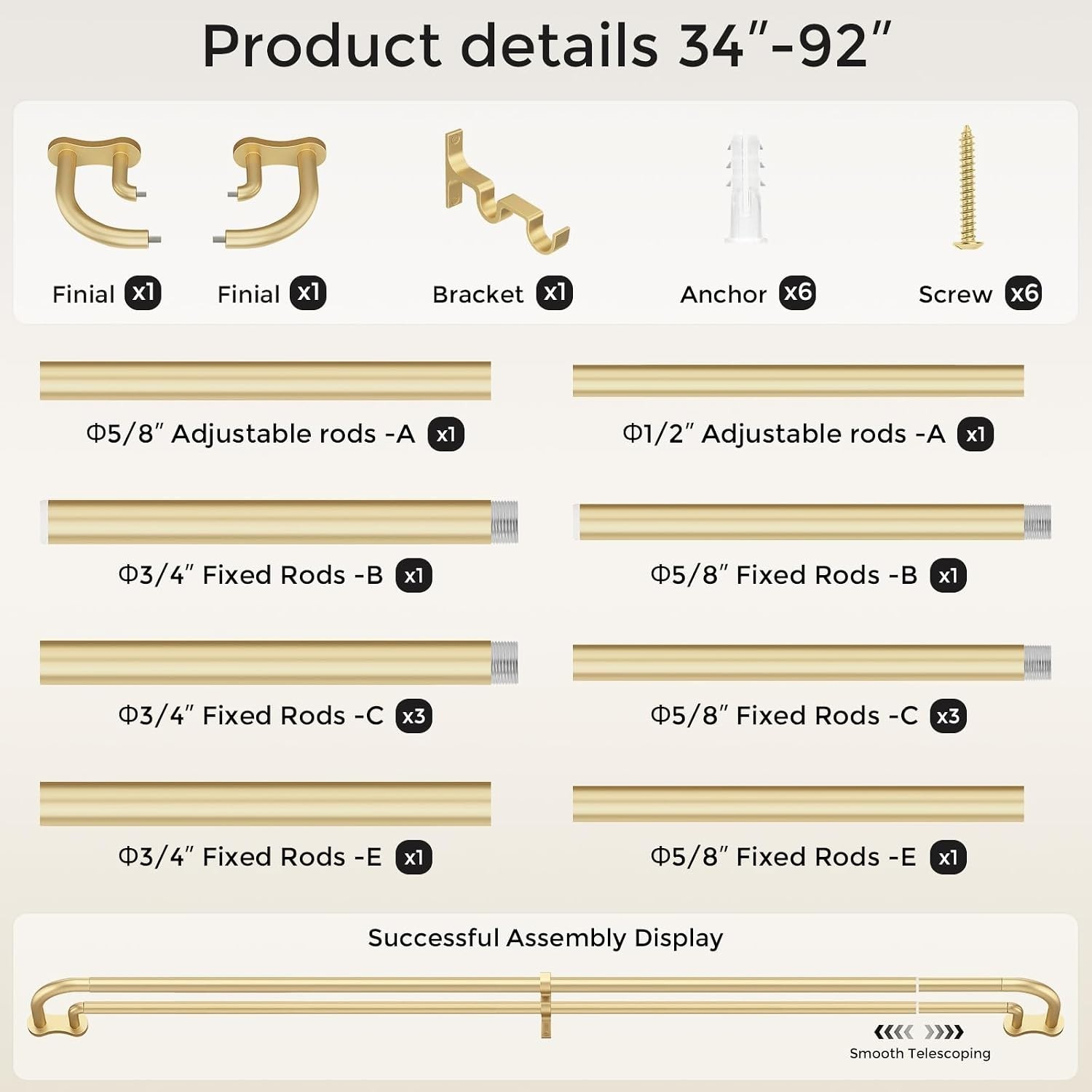 Wrap Around Blackout Double Curtain Rod, 34-92 Inch, Gold | Adjustable 40LB