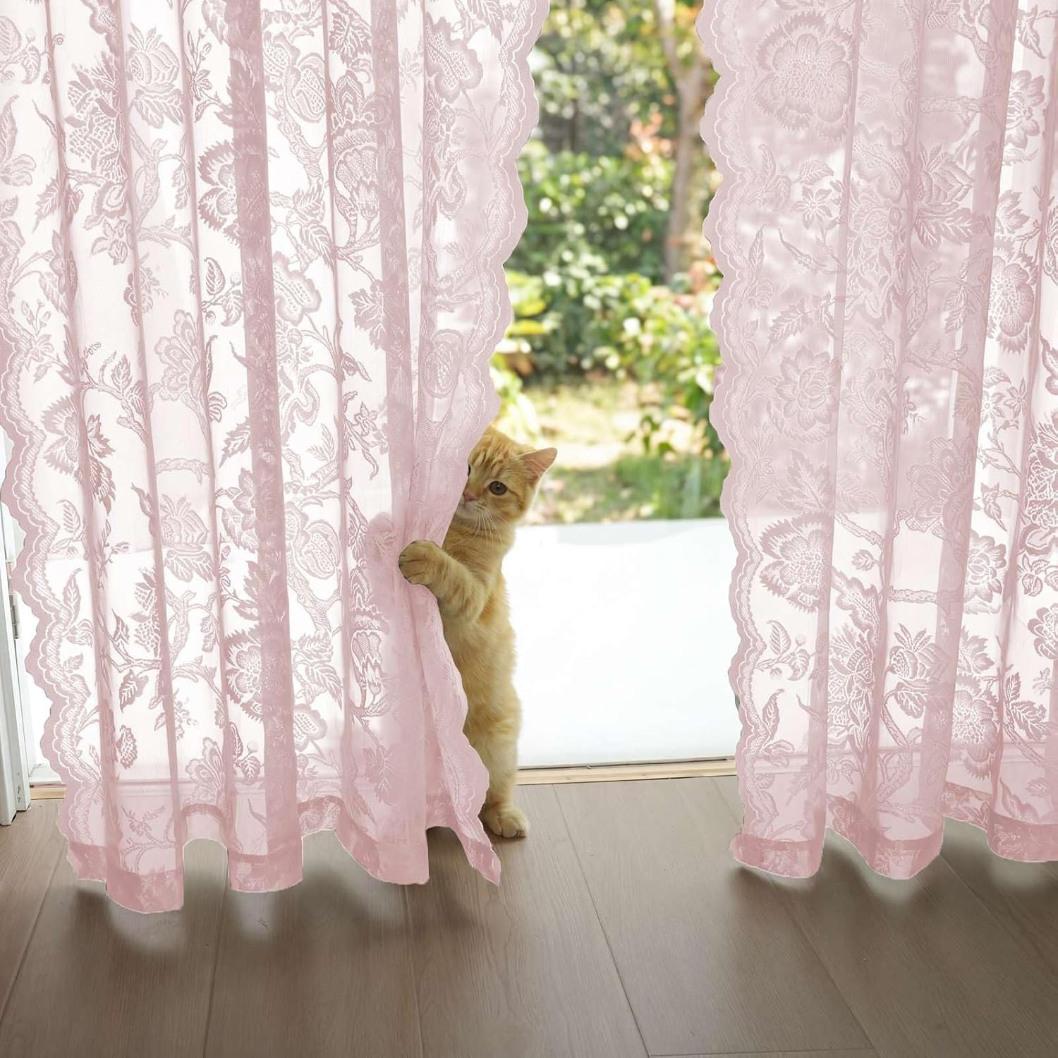H.VERSAILTEX Light Pink Lace Curtains 54 Inch Length 2 Panels Set Rod Pocket, Fr