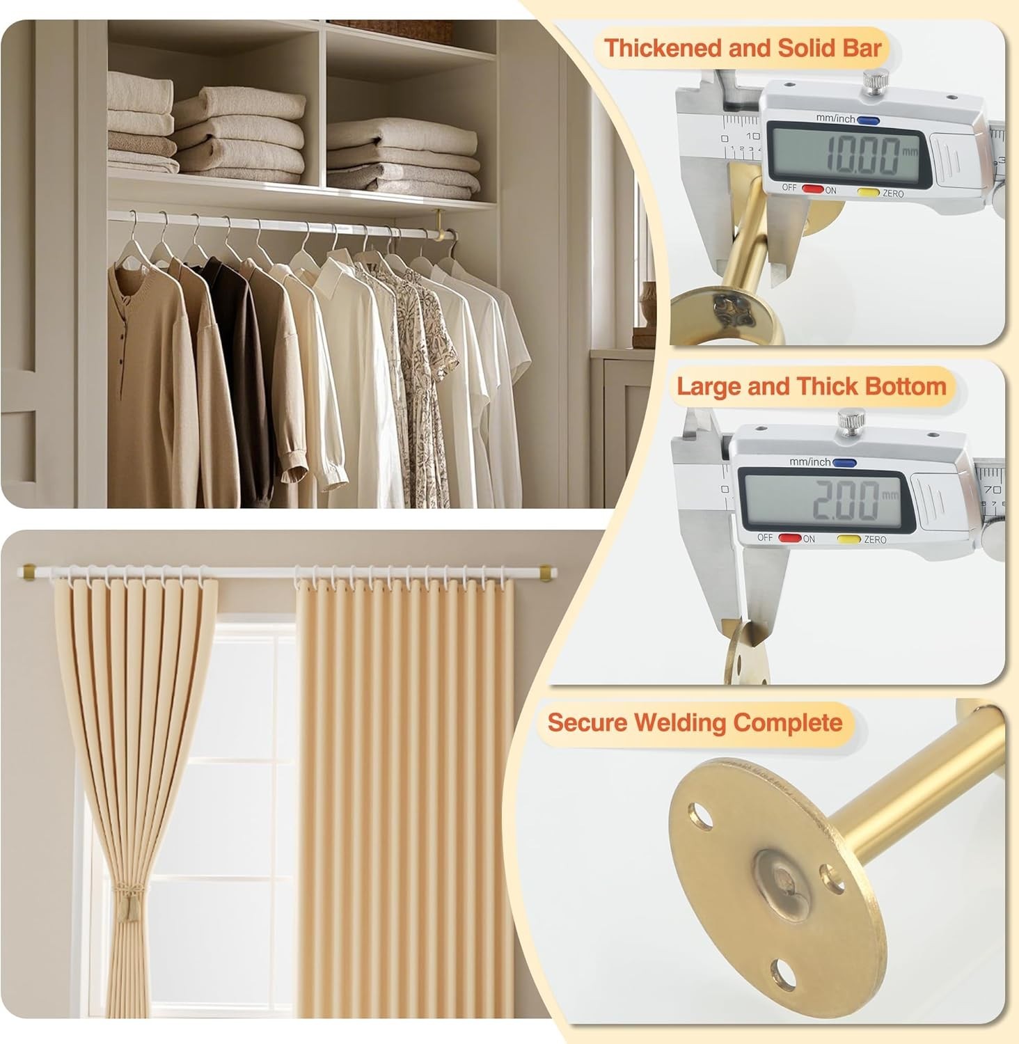 Stainless Steel Curtain Rod Holders with 3.35in Height and Gold Finish