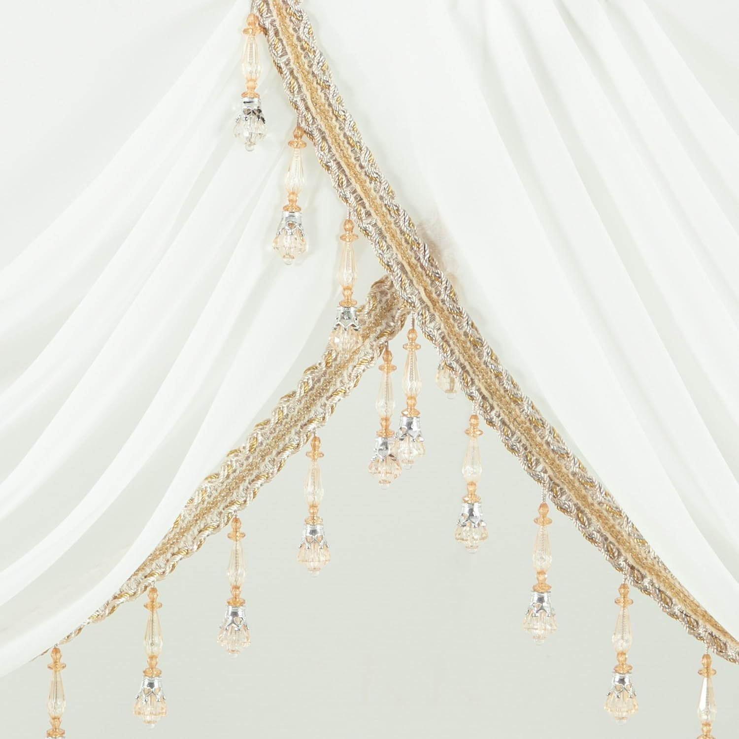 Charming White Sheer Waterfall Valance Curtains with Beaded Tassels, 59″ Wide