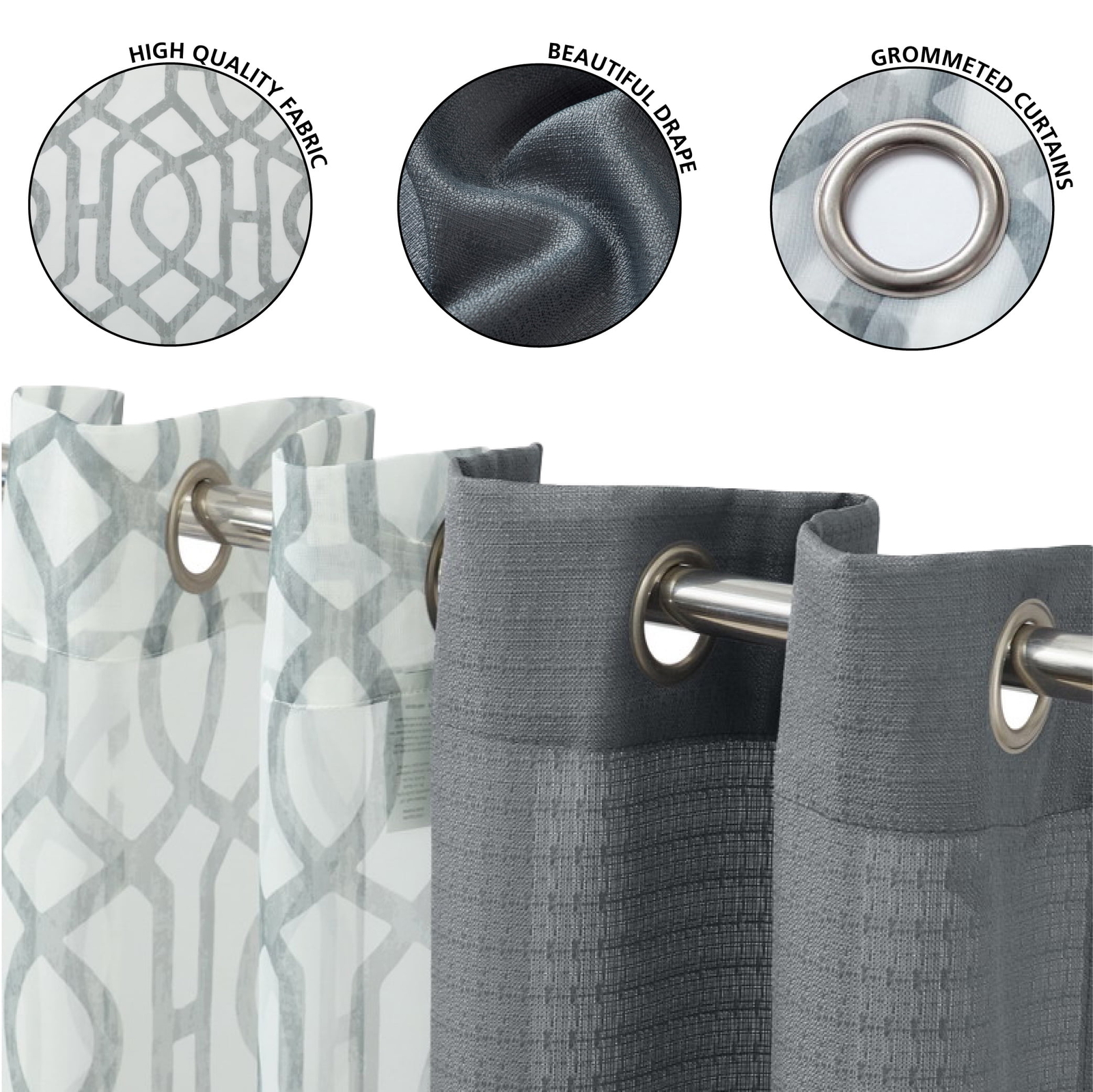 Kingswood Solid and Printed Sheer Grommet Curtain Panel Set, 4 Pc 27.5″ W x63″ L