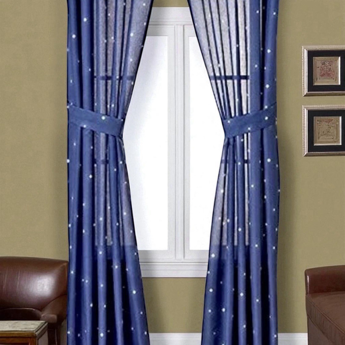 NEW Midnight Wolves Blue Star Drapery Set 2 Panels, 2 Tiebacks – 84″ x 84″