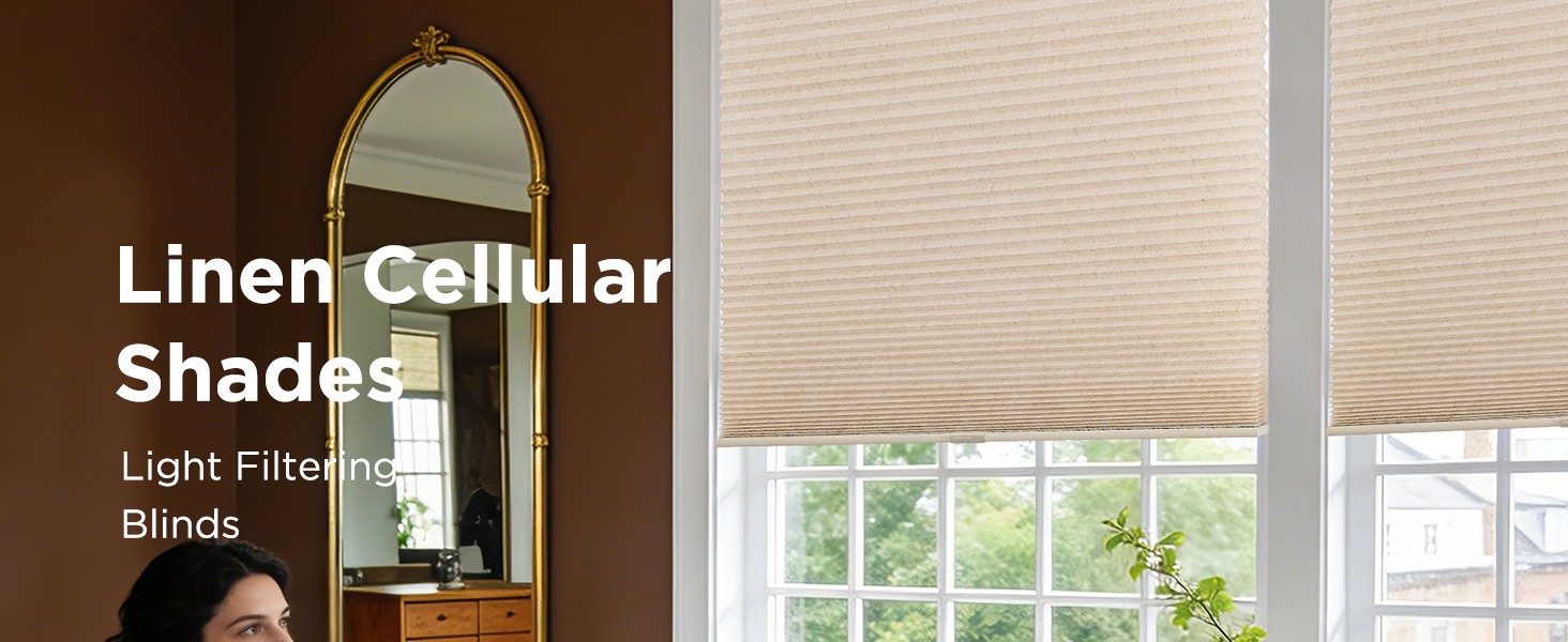 No Drill Linen Cellular Blinds for Indoor Windows, Light Filtering Cordless