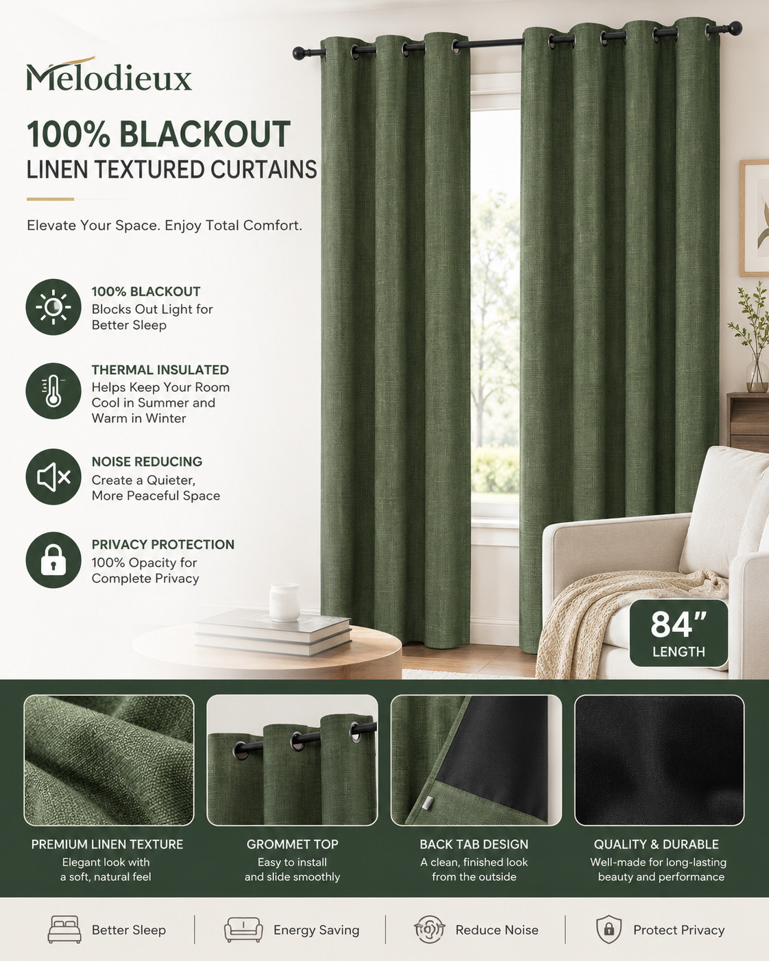 Melodieux 100% Blackout Linen Textured Curtains, 84-Inch Long Green Blackout Cur