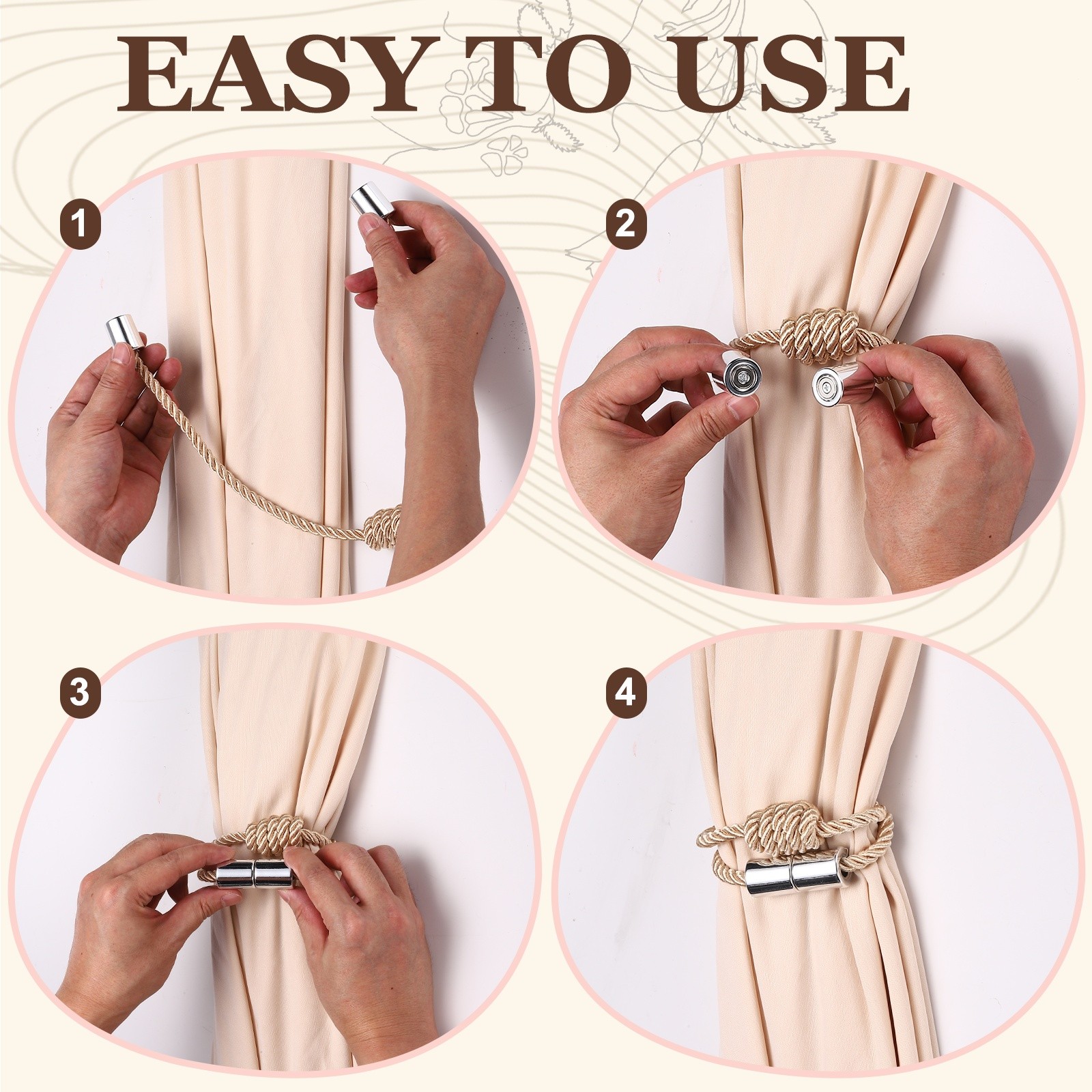 2Pcs Magnetic Curtain Tiebacks Elegant Weave Curtain Tie Backs Dark Grey,