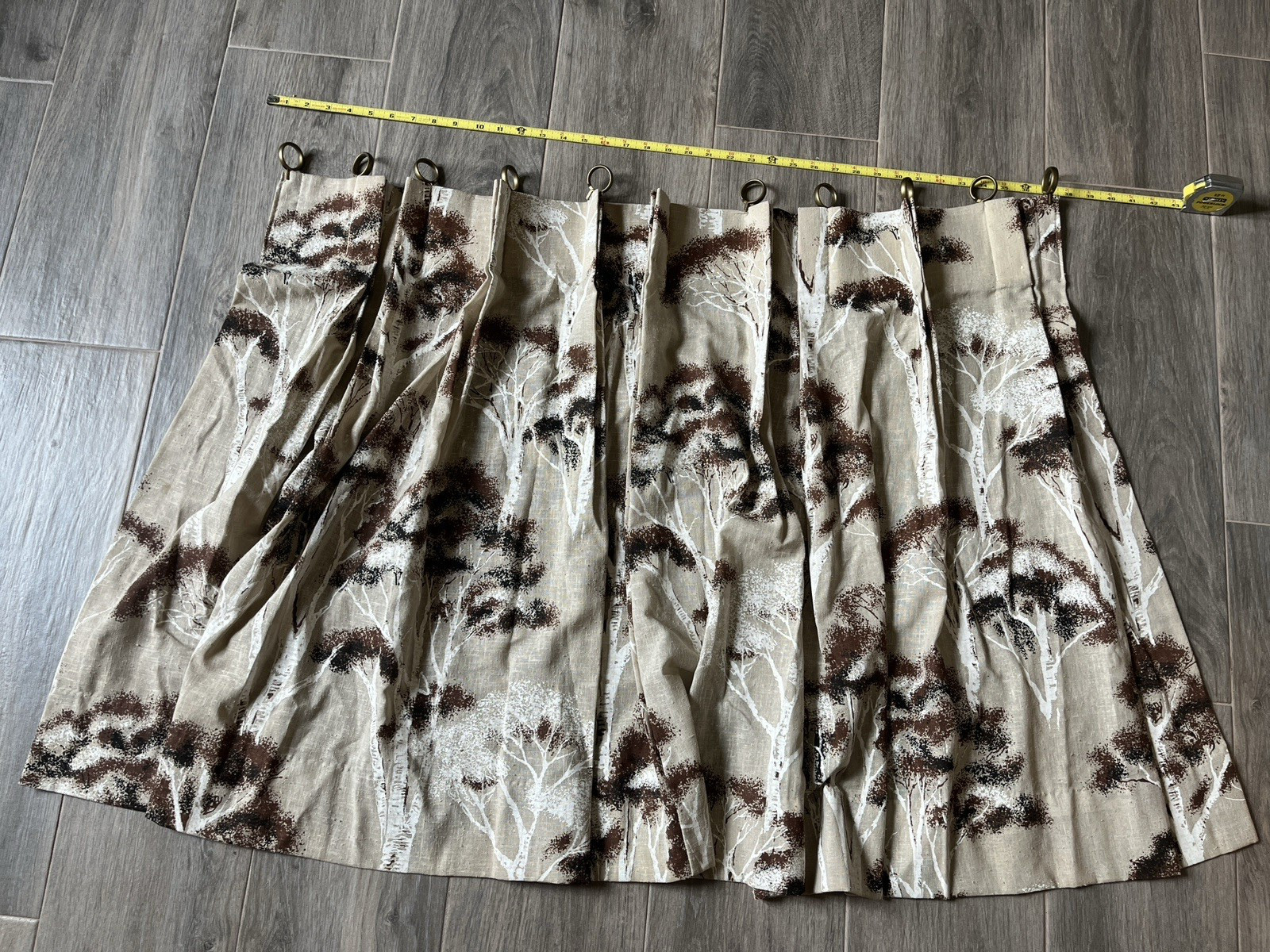 Vintage 1970s Tan Brown Trees Curtains Pinch Pleat 2 widths 19″ & 38″ – 30″ L