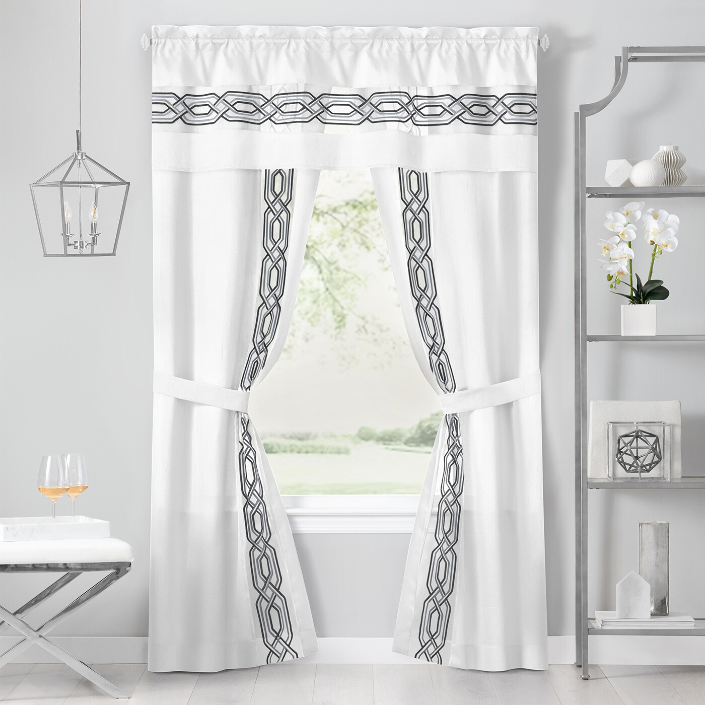 Contemporary Clean Two-Tone Embroidered Window Curtain Set, White