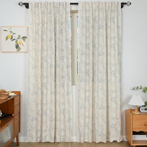 Floral Linen Curtains Semi Sheer Farmhouse Window 52″W x 96″L (Pack of 2) Blue