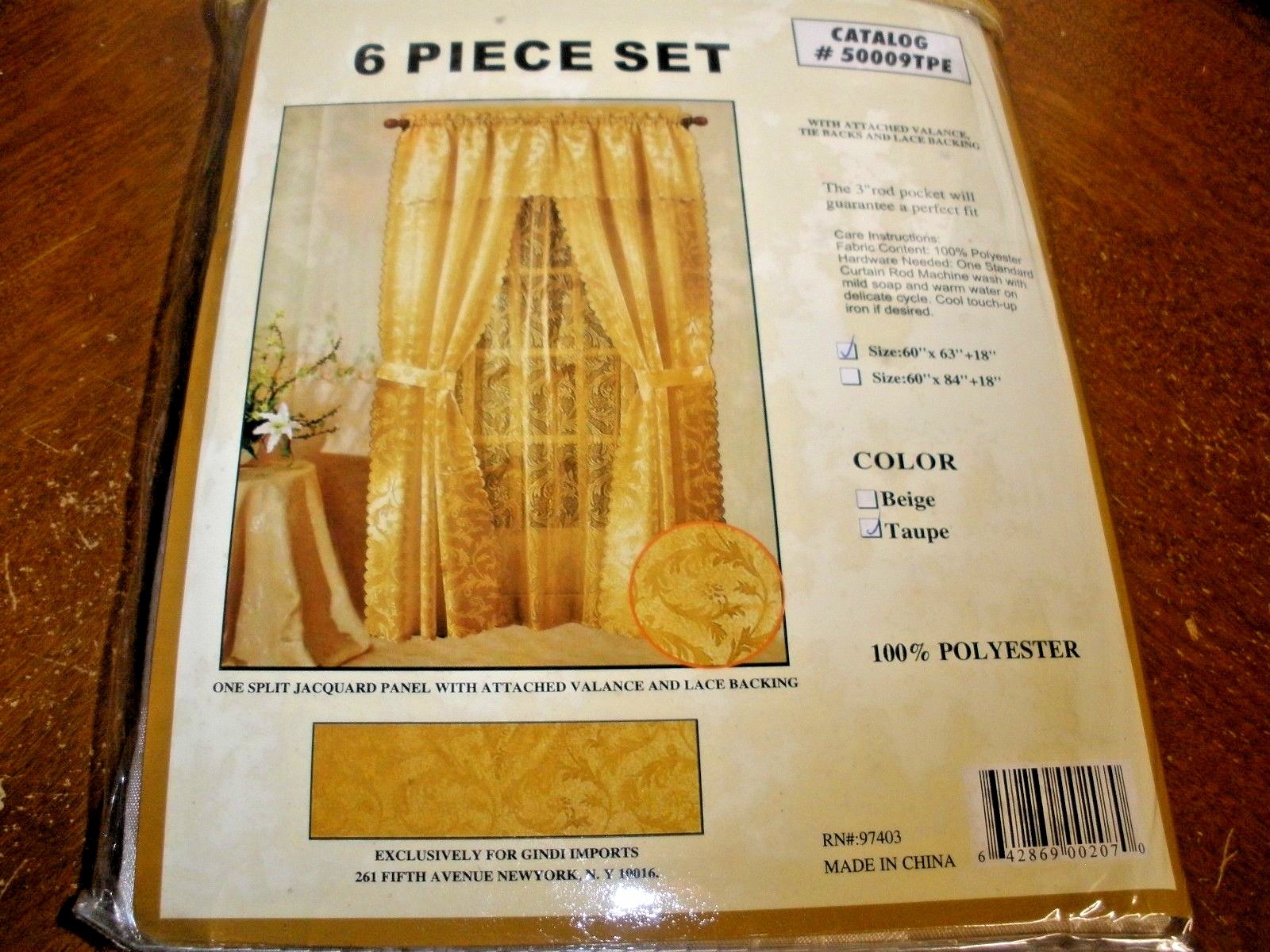 NEW Vintage 100% Polyester 6 Piece Curtain Set TAUPE #50009TPE (O9)