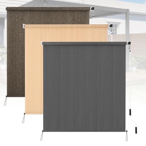 Outdoor Roller Shades 5′ W x 8′ L, Cordless Patio Sun Shade Blinds, 90% UV Prote