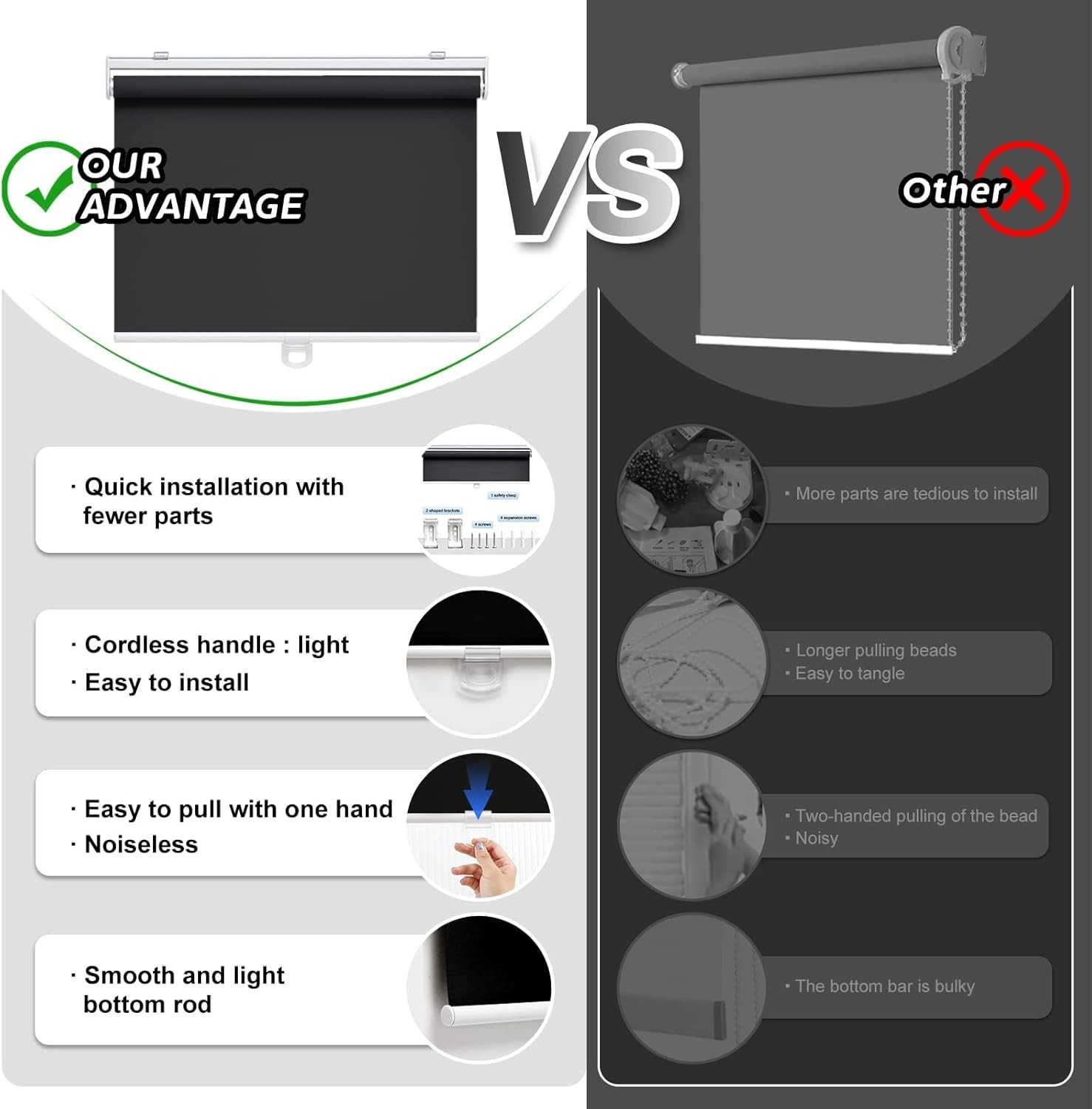 Cordless Blackout Roller Shades 23″ W x 72″ H – UV Protection for Home & Office