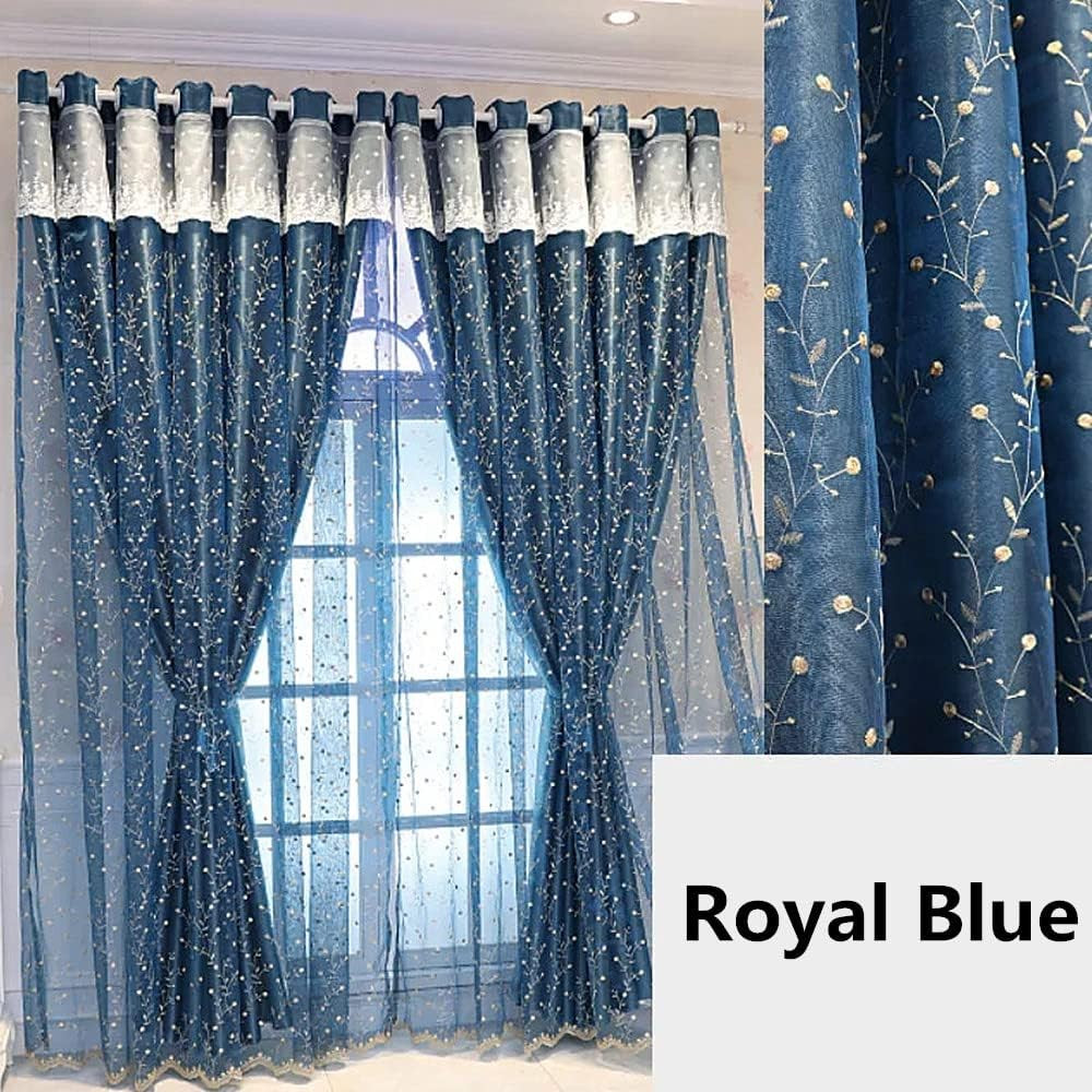 Royal Blue Double Layer Flower Curtains with Cherry Pattern, 54×96 Inch