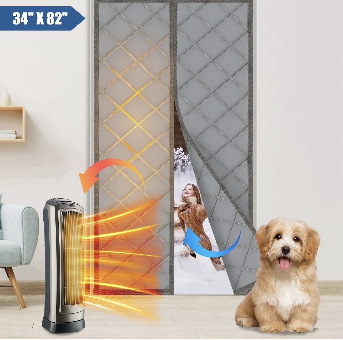 34×82 Magnetic Thermal Door Curtain Insulated Weatherproof Oxford Draft Stop