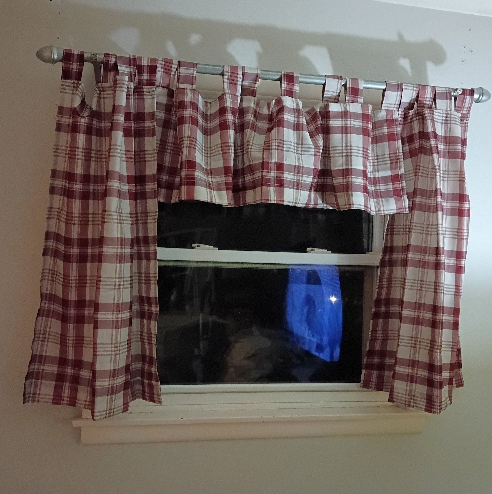 Curtains 3 Piece Valance Tier Set Red & White Farmhouse Plaid Country EUC Tabs