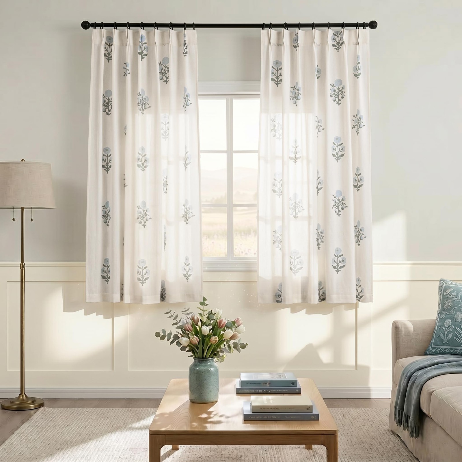 Lino Rosa 63 Inch Length Floral Linen Curtains For Living Room Blue And Green