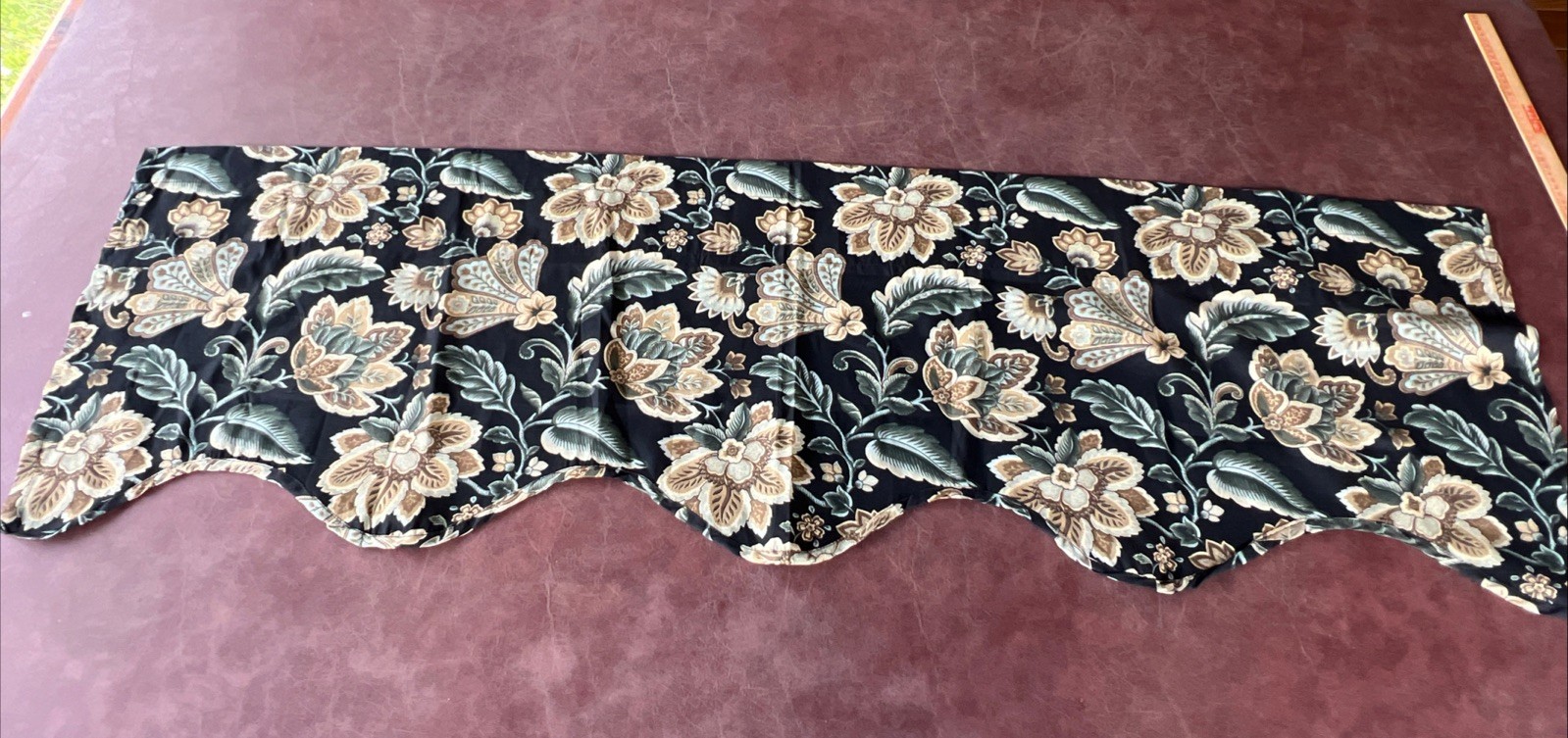 Window Valance 58”x18” Black Floral Dk Green Brown Poly/Cotton 3” Rod Pocket