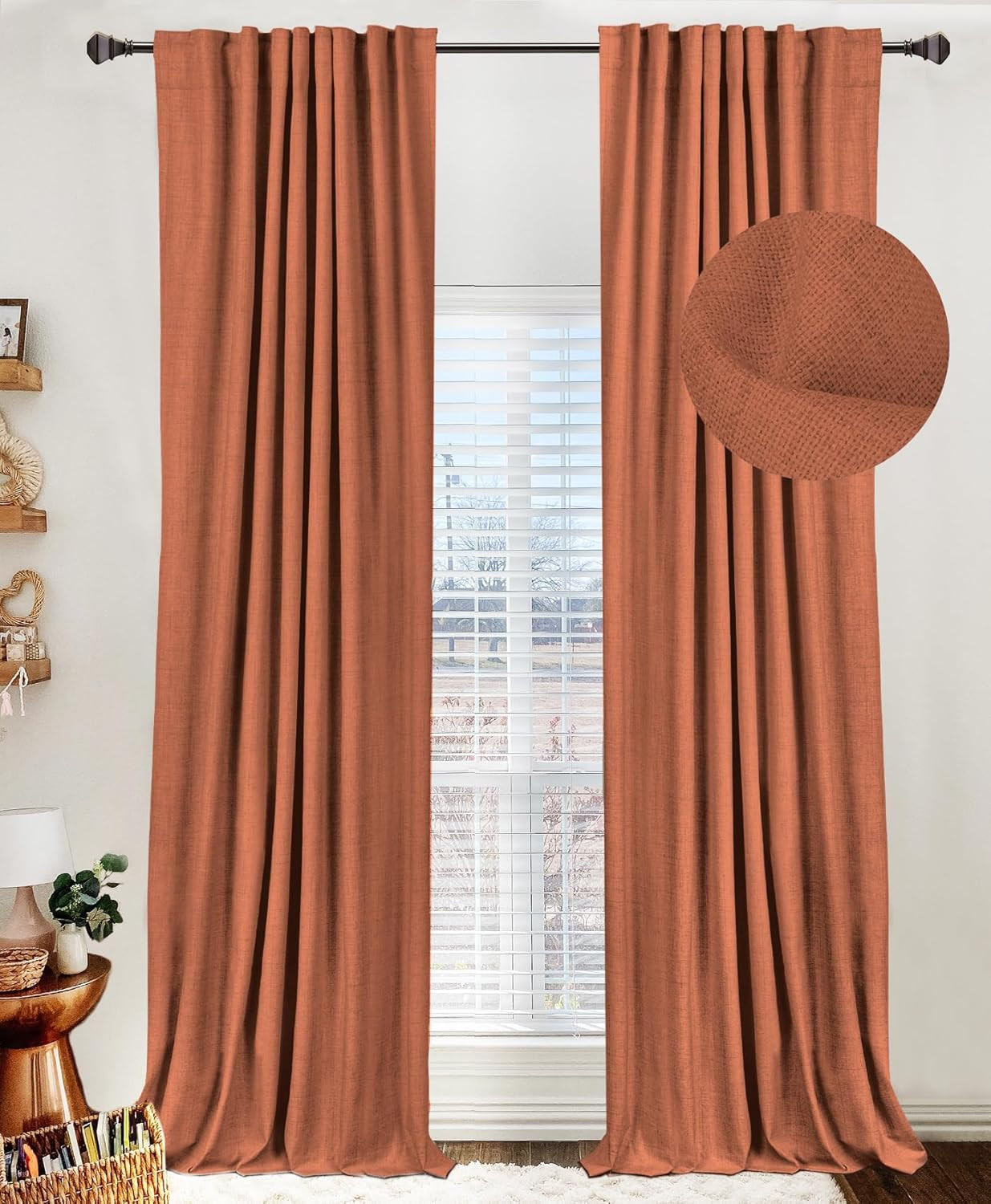 Burnt Orange Linen Blackout Curtains 108″ Long, 2 Panels Set, Thermal Insulated