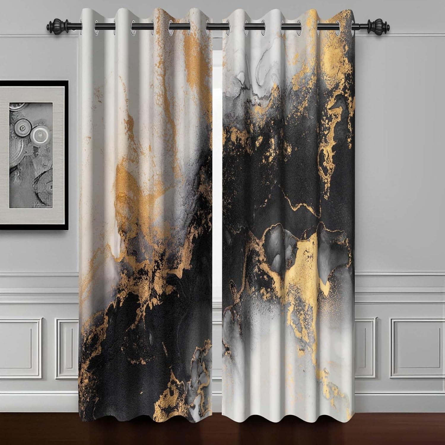 Black Gray Gold Marble Abstract Art Fluid Golden Luxury Marble Thermal 46Wx72H