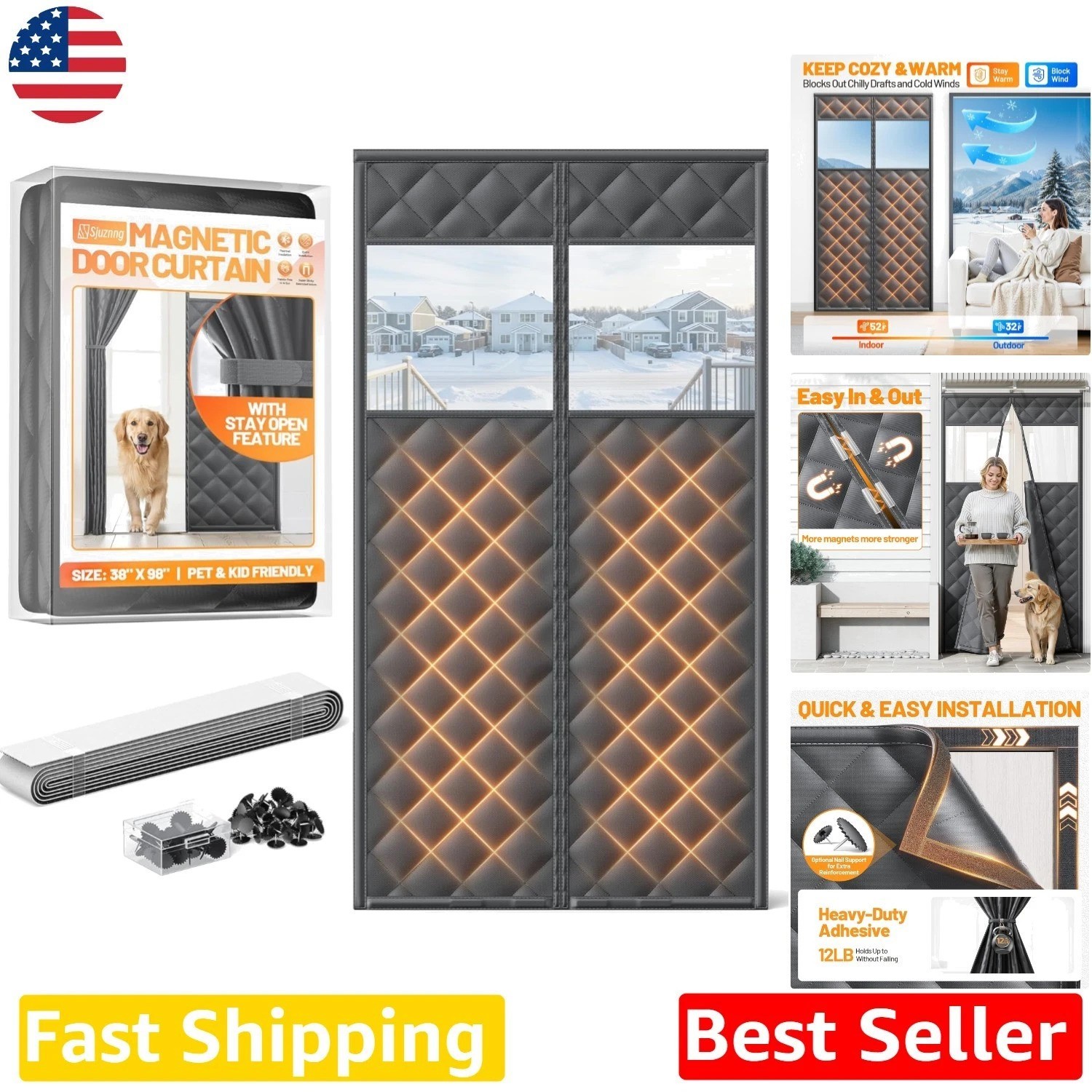 Magnetic Door Curtain Black 36×96 Thicken Cotton Winter Insulation