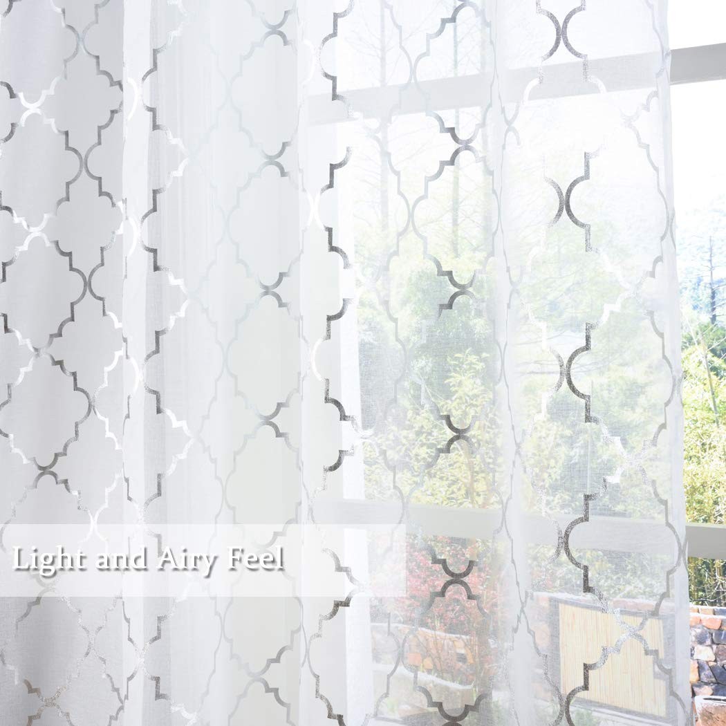 White Sheer Curtains with Silver Foil Moroccan 52×95 Inch, 2 Panels