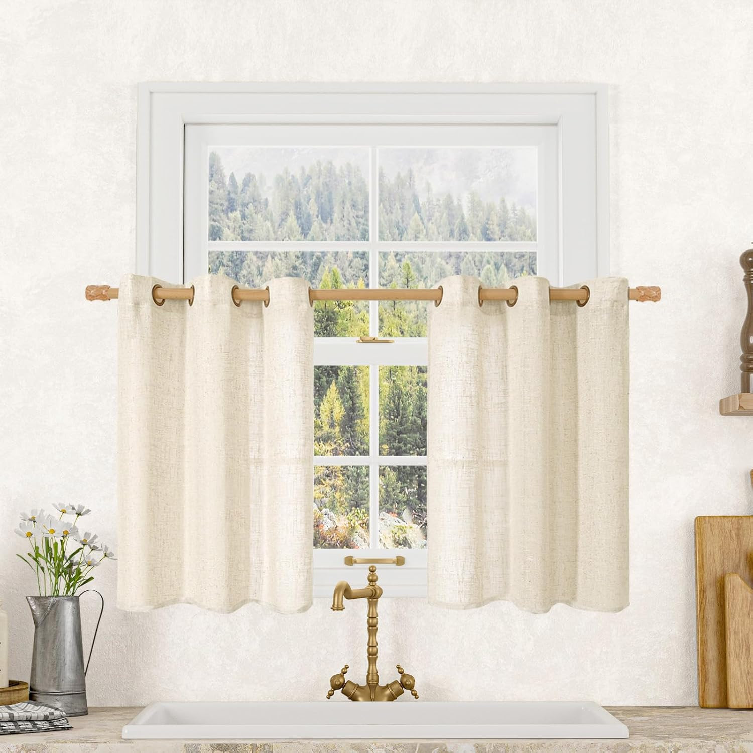 LAMIT Short Linen Window Curtains 30 Inches Long 2 Panels, Beige Semi Sheer Ligh