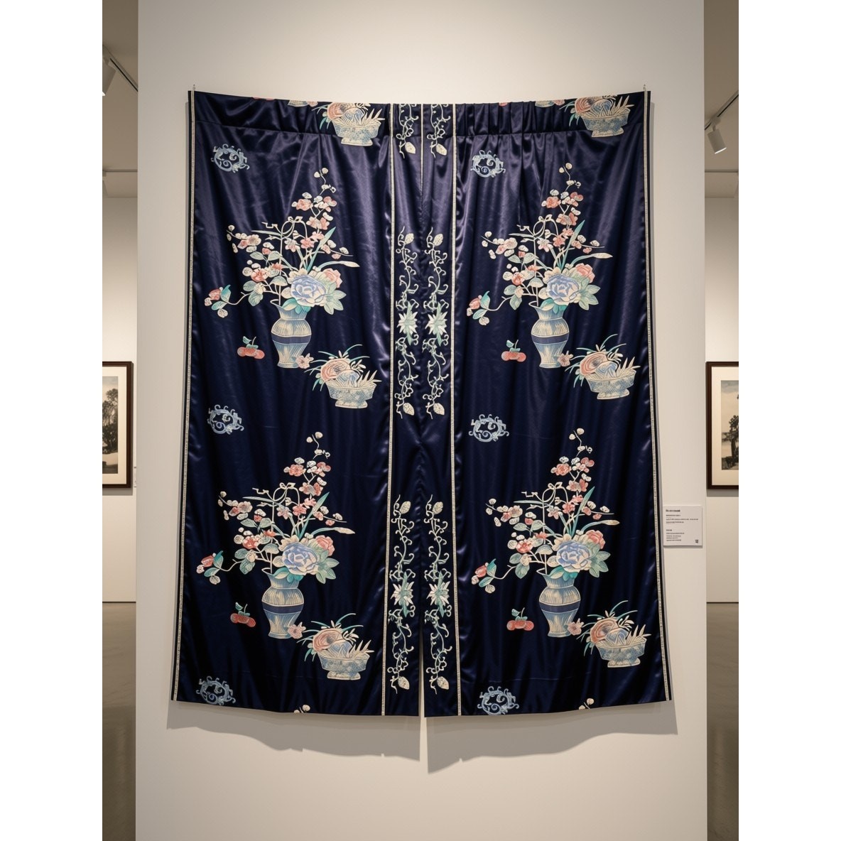 Antique Chinese Chintz Chinoiserie Floral Vase Silk Curtain 55x47in