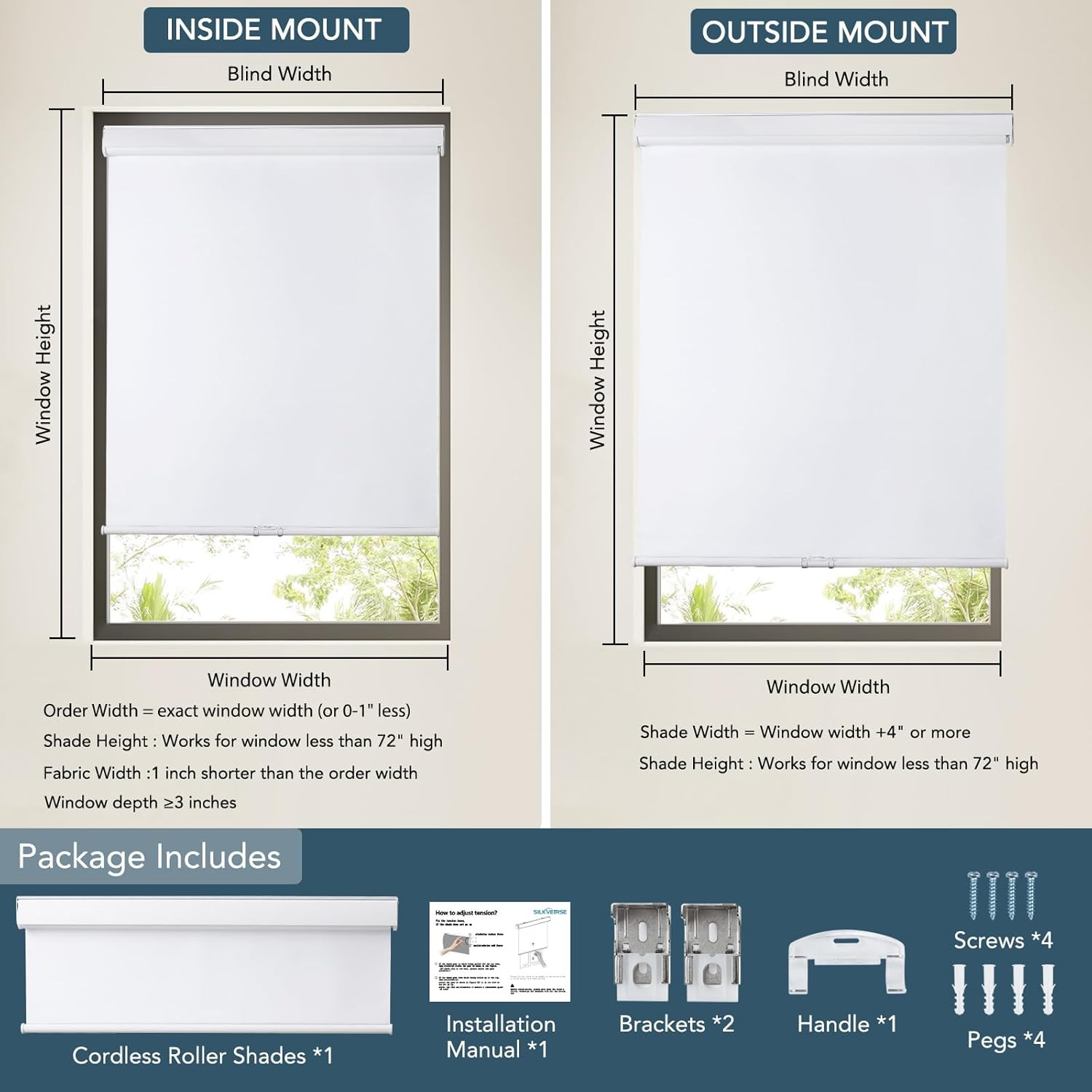 Cordless Blackout Roller Shades, UV Protection, Thermal Insulated, White 71.5″x7