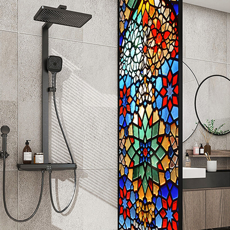 Retro Rose Printed Stained Glass Sticker Back Adhesive Cling Bathroom Decor.