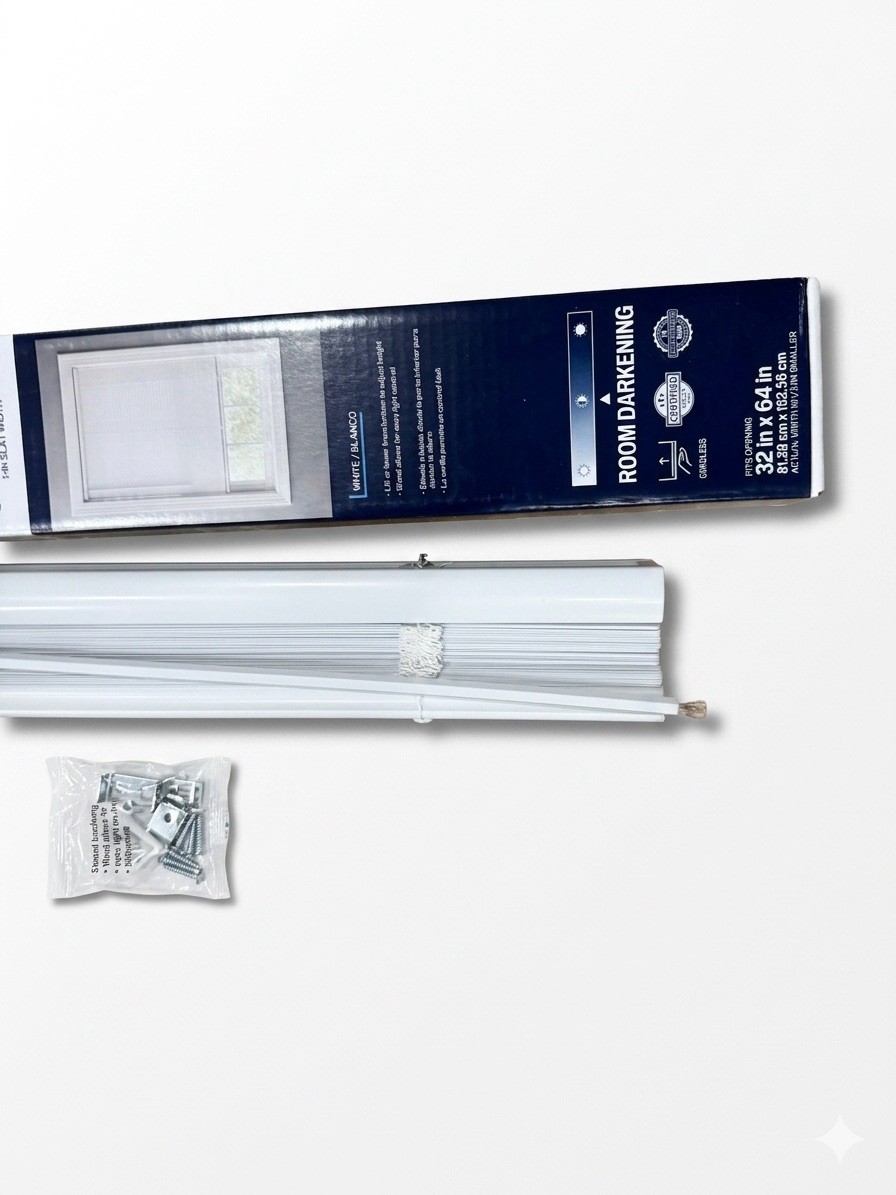 Project Source 1″ Cordless Vinyl Mini Blind White Room Darkening 32″ x 64″ NEW