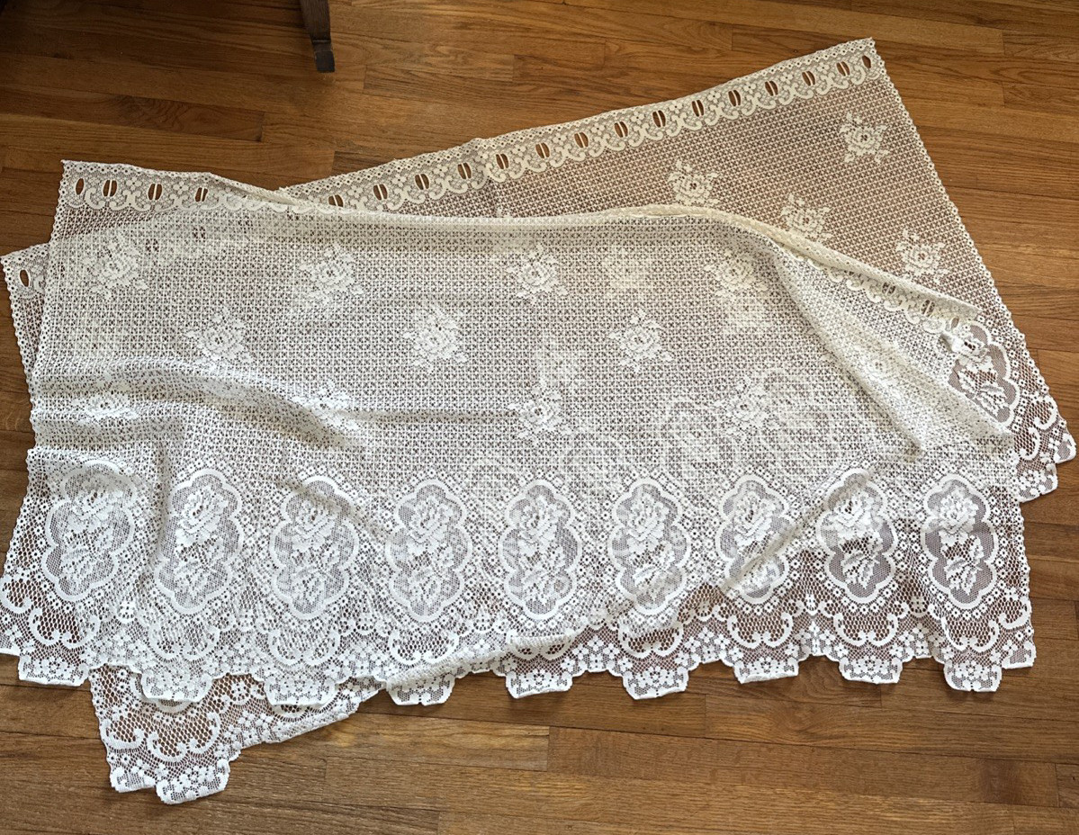 3 Piece Ivory Crochet Lace 2 Panel Cafe Curtains 1 Valance Window Treatment