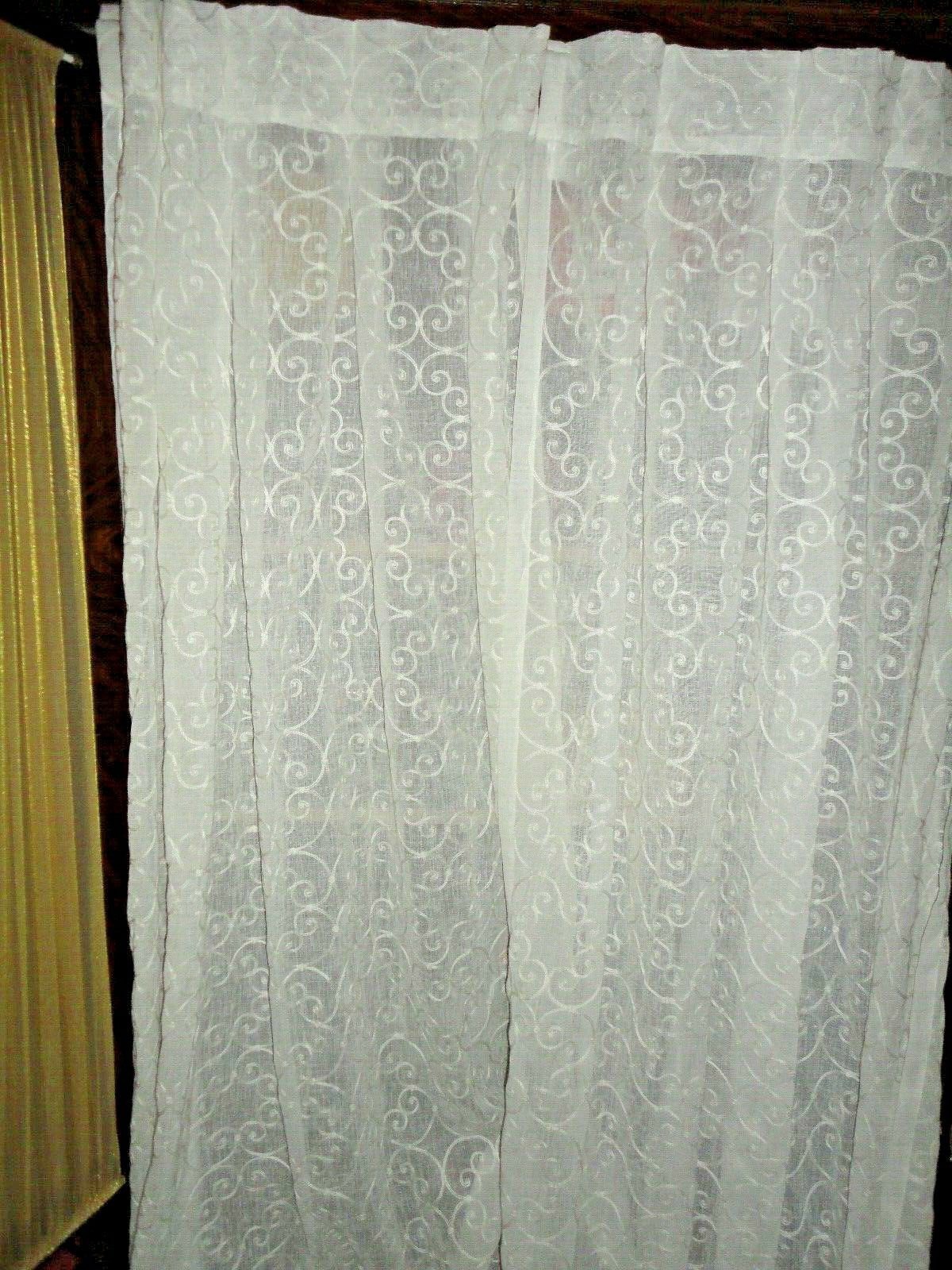 SOFTLINE PINCH PLEATED OFF-WHITE SCROLL SHEER (2) HIDDEN TABS PANELS 30 X 107