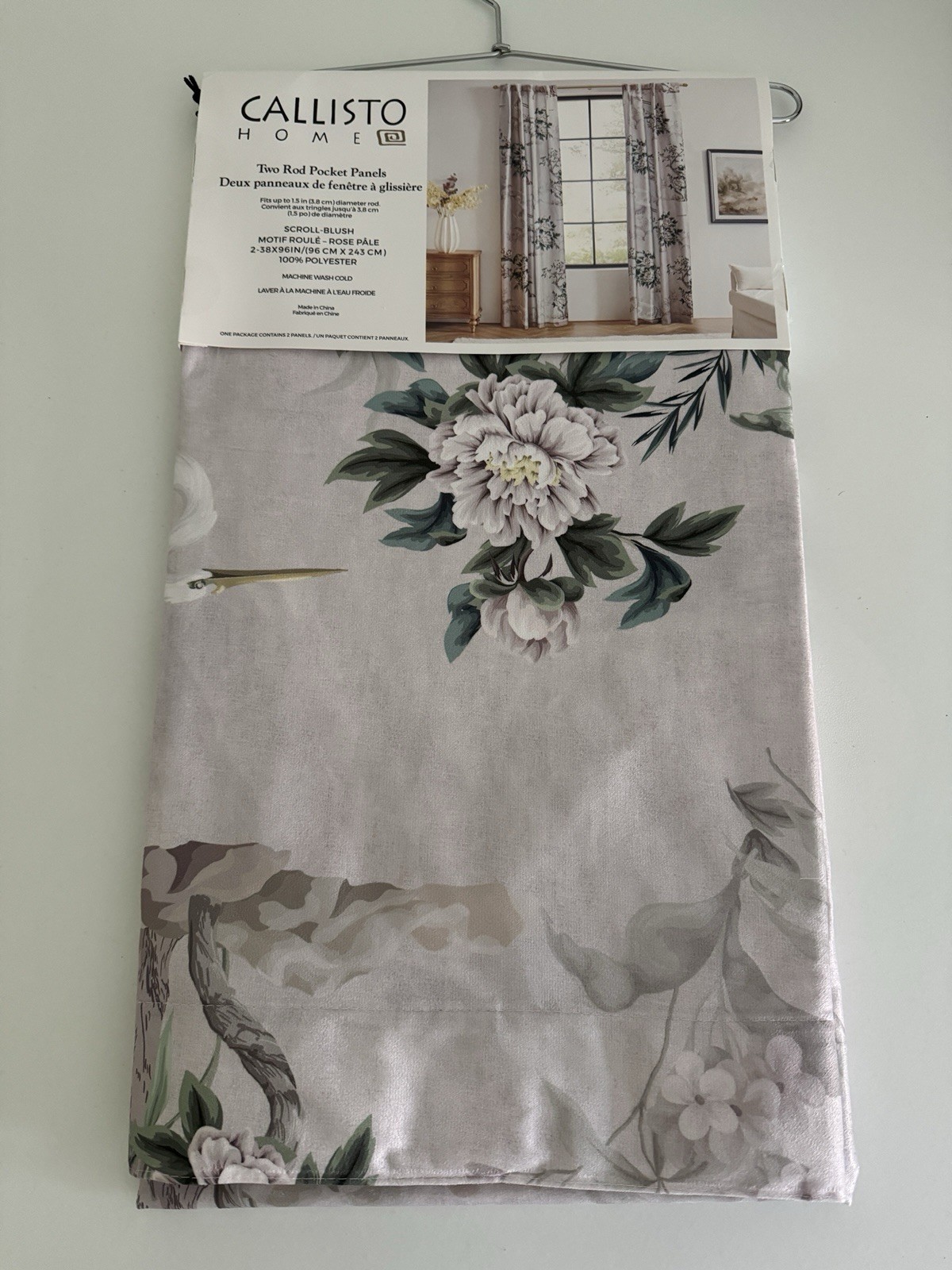 CALLISTO Window Curtains 2 Panels 38 X 96″ Heron Birds Drapers Back Tab Grey