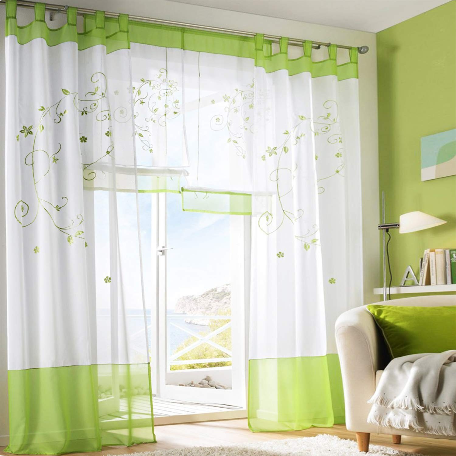 Curtains with Floral Pattern, Loop Scarf Set of 2, Embroidery Voile Curtain T…