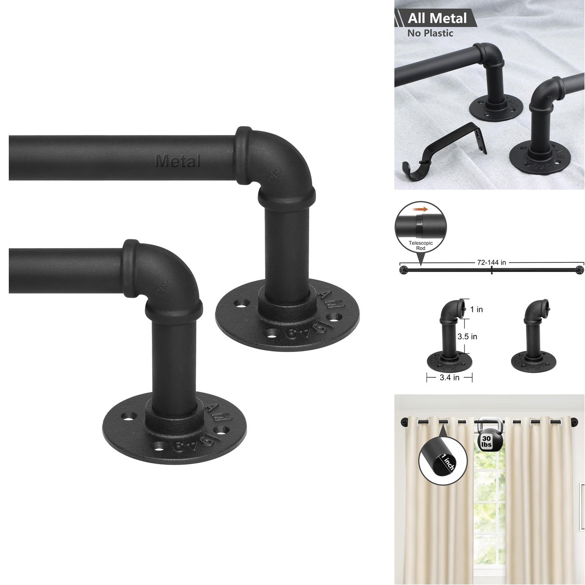 Refrze 2 Pack Curtain Rods Windows 72 144 Inch Industrial Curtain Rods Wrap