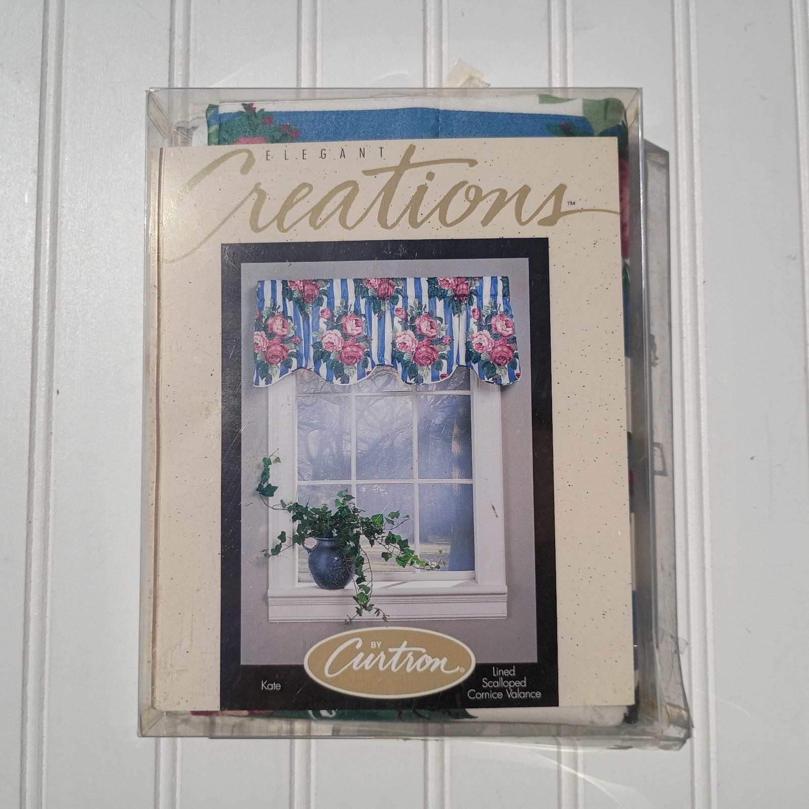 CURTRON Curtain Valance Elegant Creations Scalloped Kate Rose Blue Stripe 90s