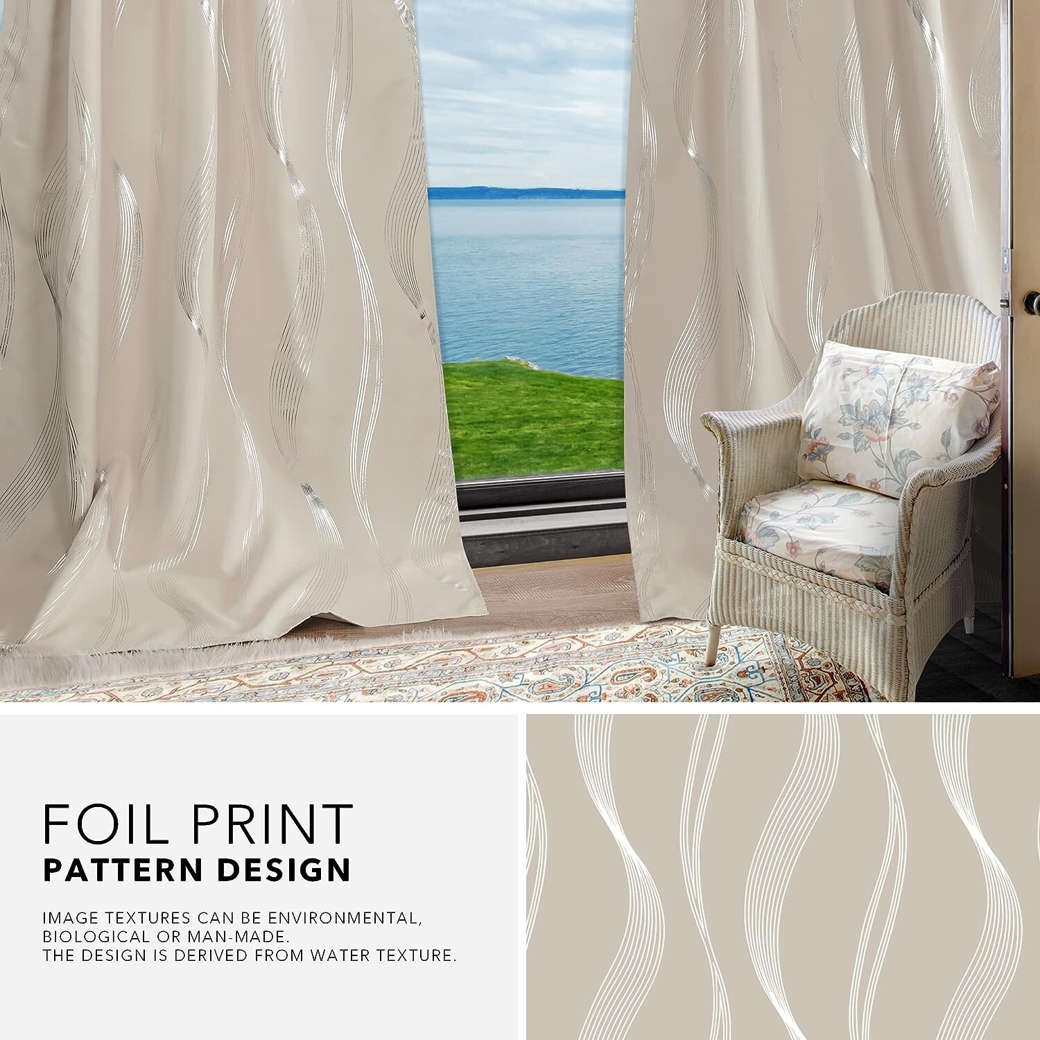 Deconovo Total Blackout Curtains 52″L x 45″W 2 Panels (Light Beige/Silver) Drape