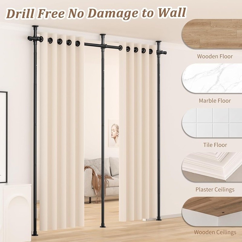 No Drill Room Divider Curtain Rod Adjustable Tension Mounted Easy Installation