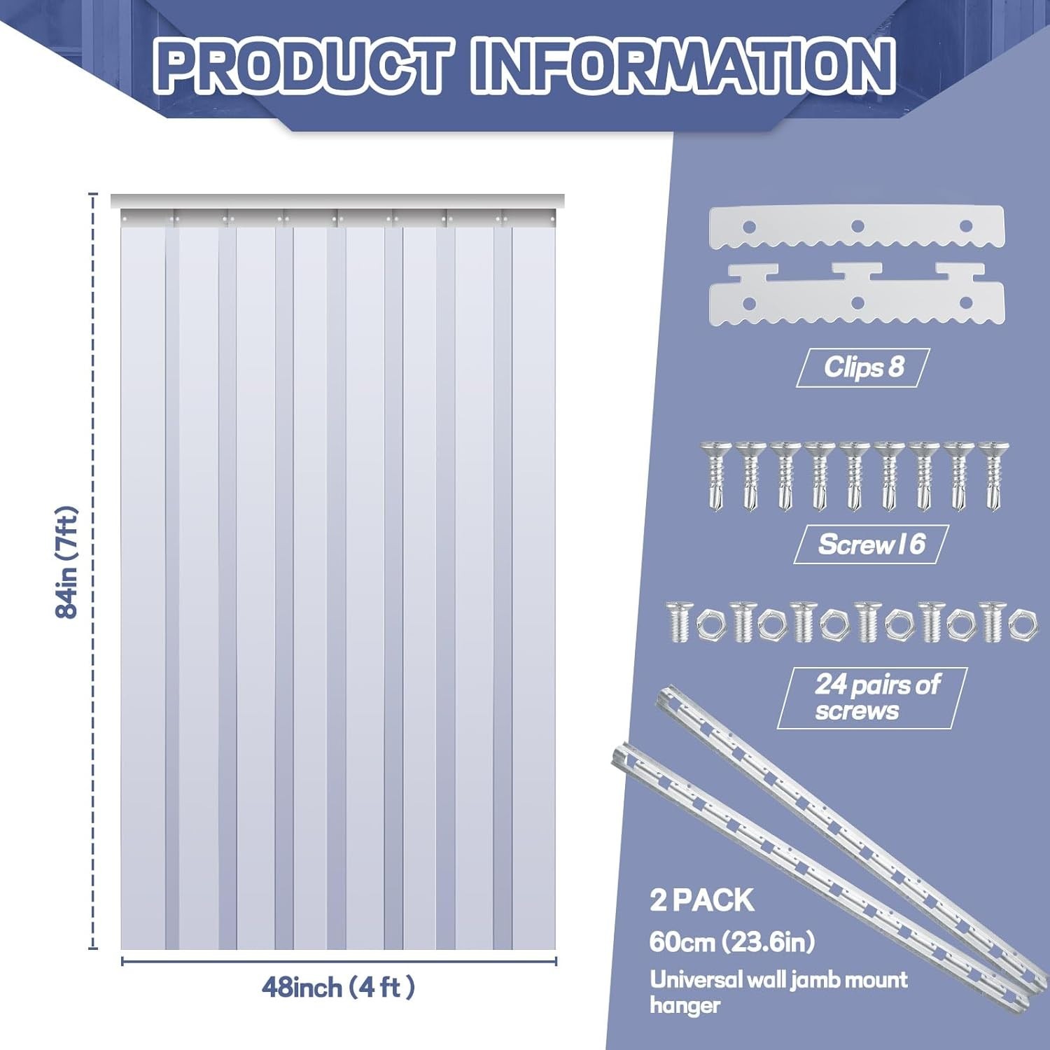 48 x 84 Inch Plastic Strip Door Curtain Kit 0.08” Walk in Cooler Curtains Thick
