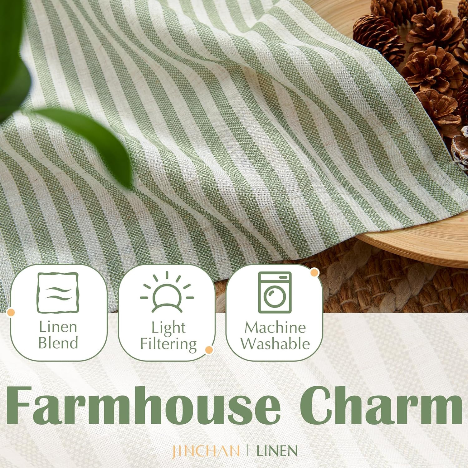 Jinchan Striped Linen Kitchen Curtains 36 Inches Length Tier Curtains Farmhouse