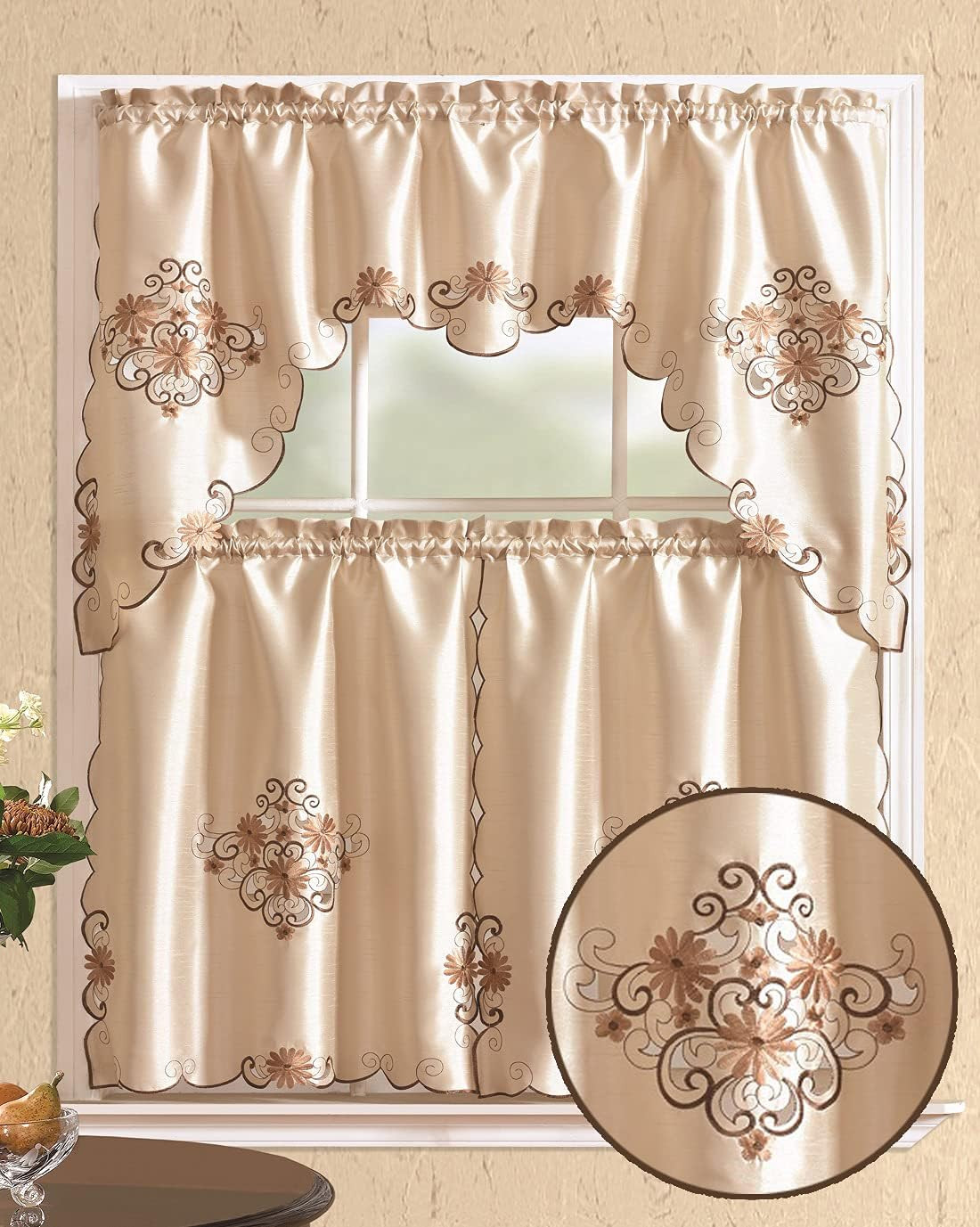 Modern Contemporary 3Pc Embroidered Home Kitchen Window Treatment Curtain Set (S