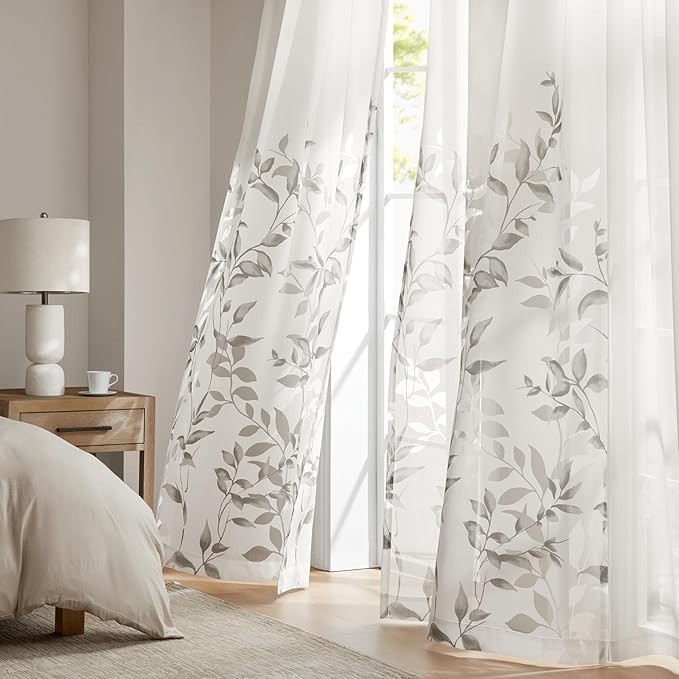 50×84in Semi Sheer One Panel Window Curtain Burnout Botanical Print Easy To Hang