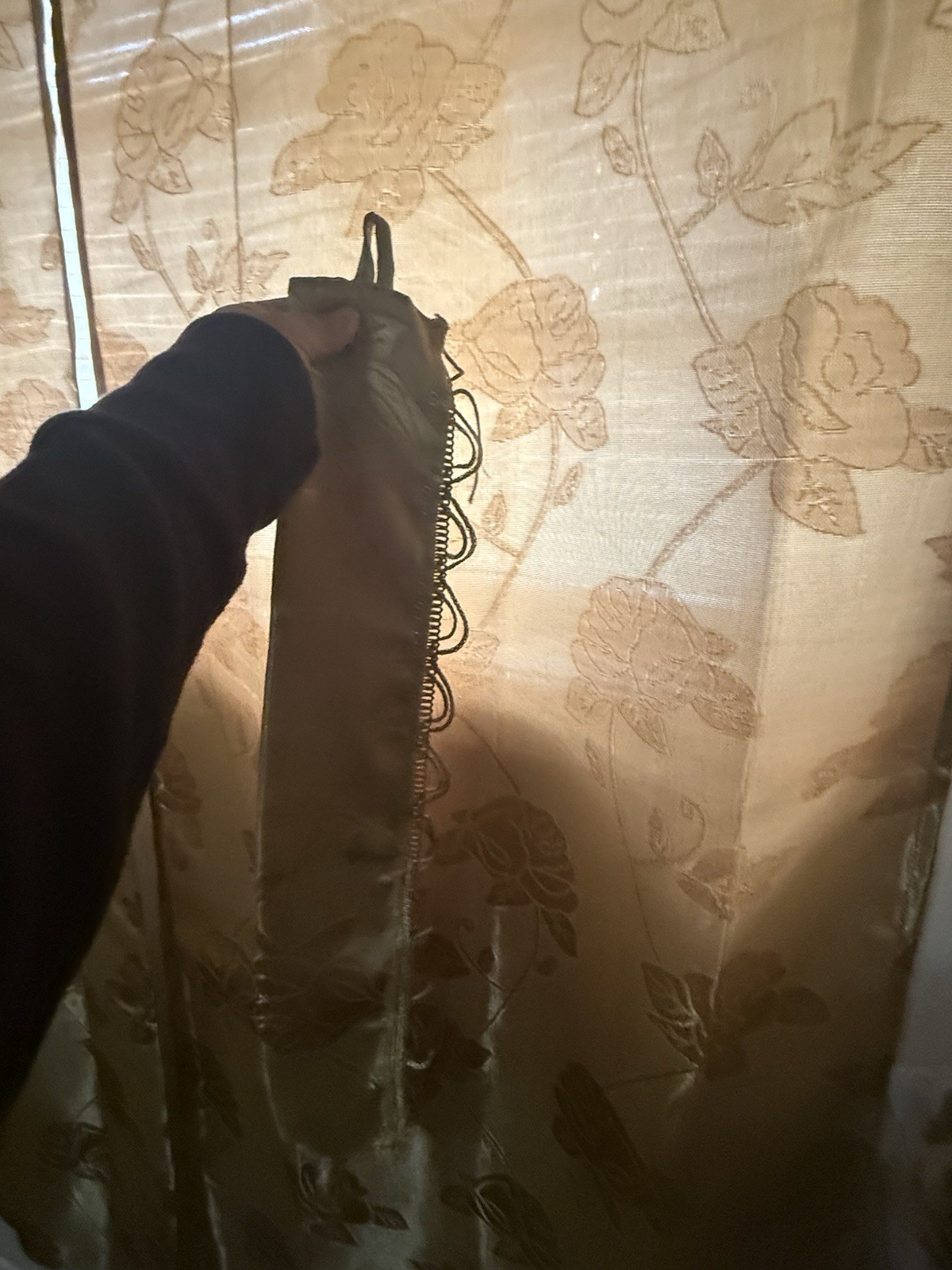 3-Piece Jacquard Rose Curtain Set – Drapes + Scalloped Valance – Beige/Gold