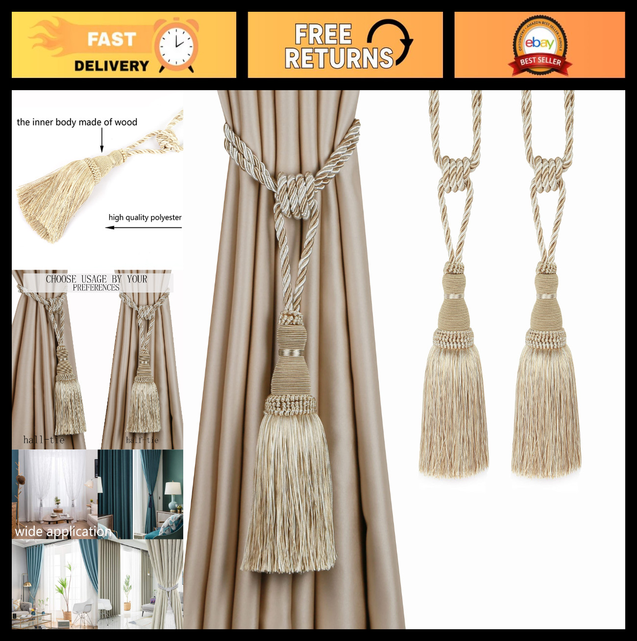 2 Pack Handmade Tassel Curtain Tiebacks – Decorative Rope Drapery Holdbacks (Bei