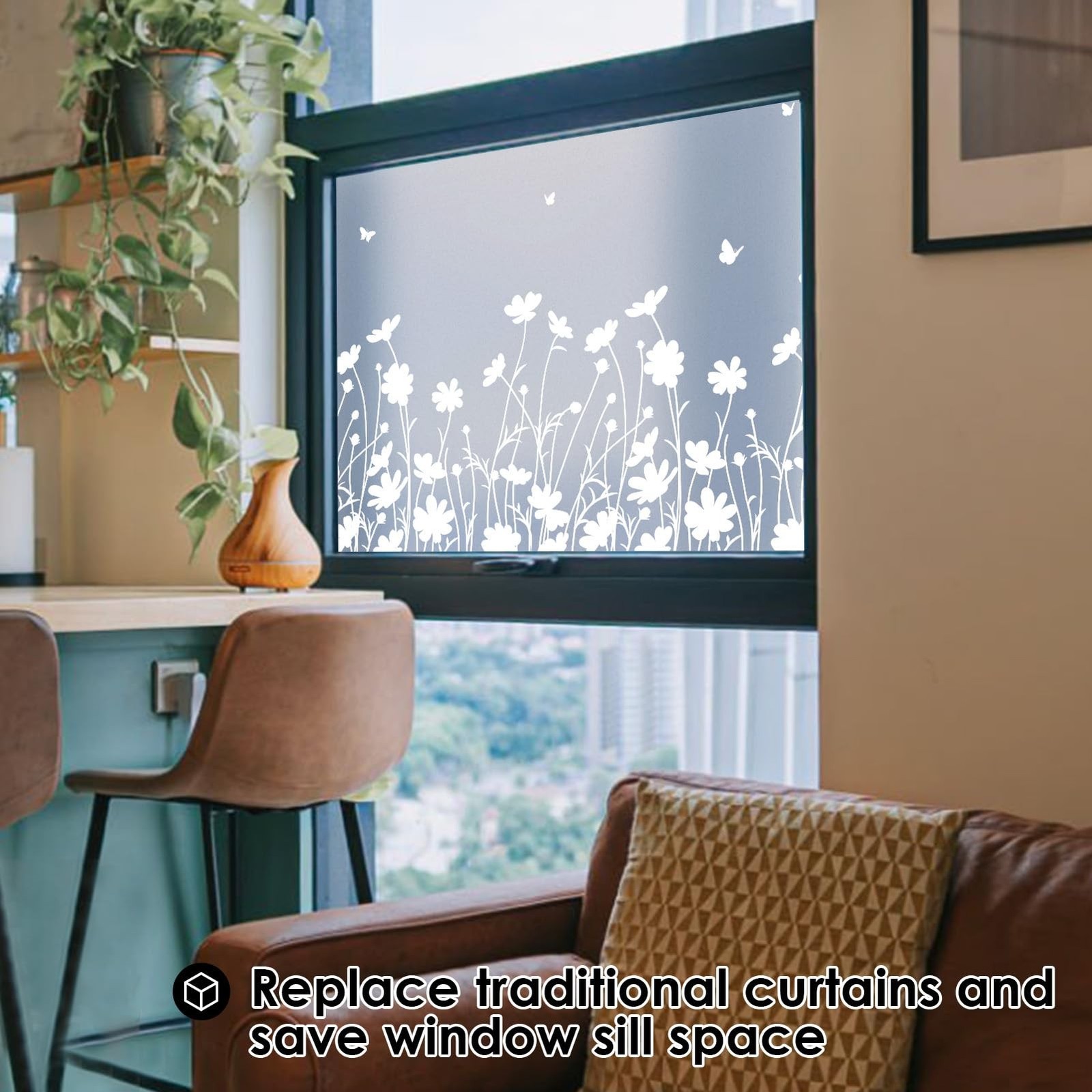 DKTIE Window Privacy Film Flowers Pure White Pattern Stained Glass Window Fil…