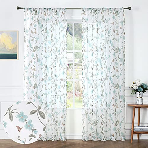 Sheer Floral Curtains Flower Butterfly Printed 54″W x 45″L (Pack of 2) Blue