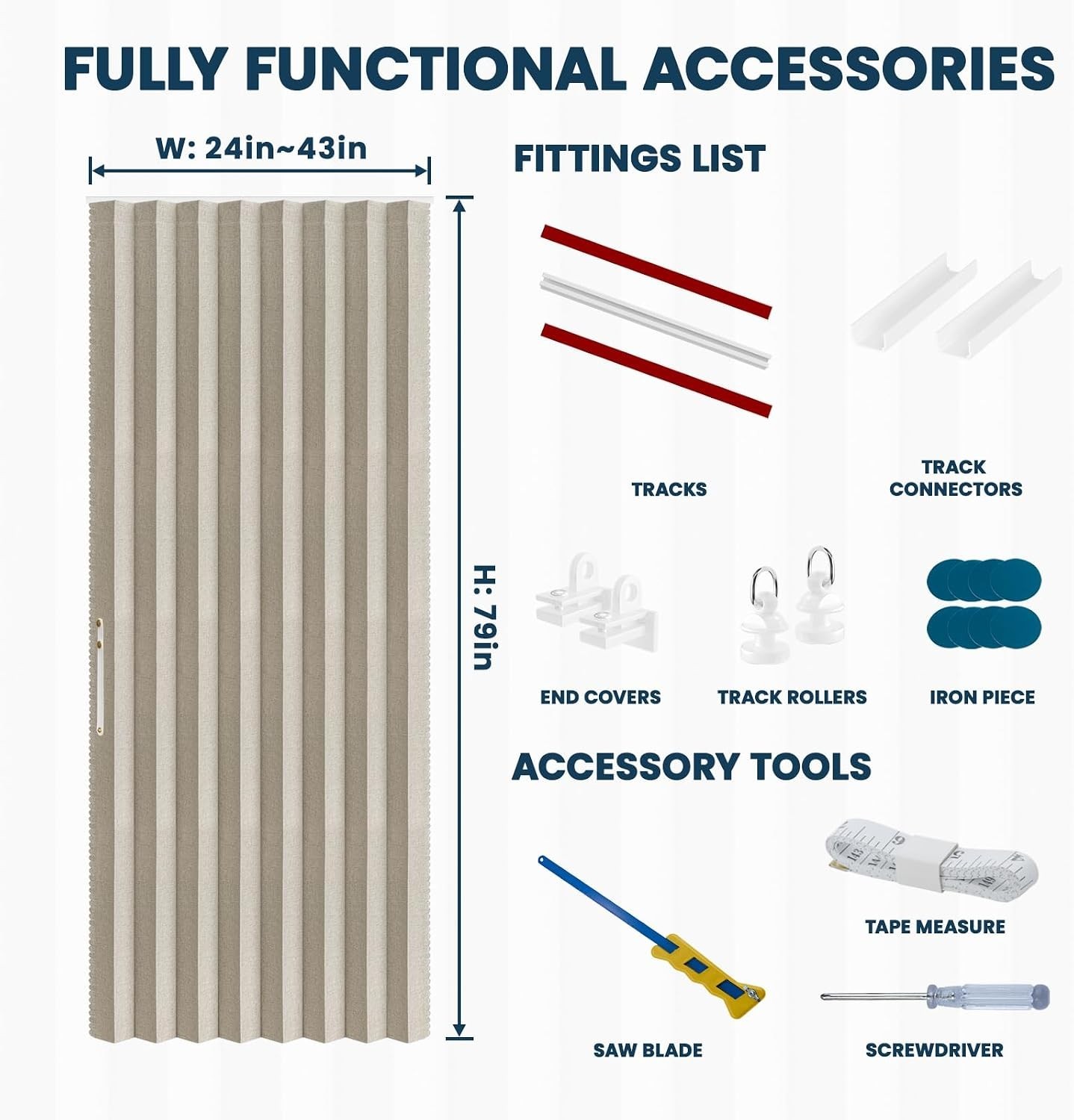100% Blackout Accordion Door Curtain with Accessories, 43W x 79L, Cream White